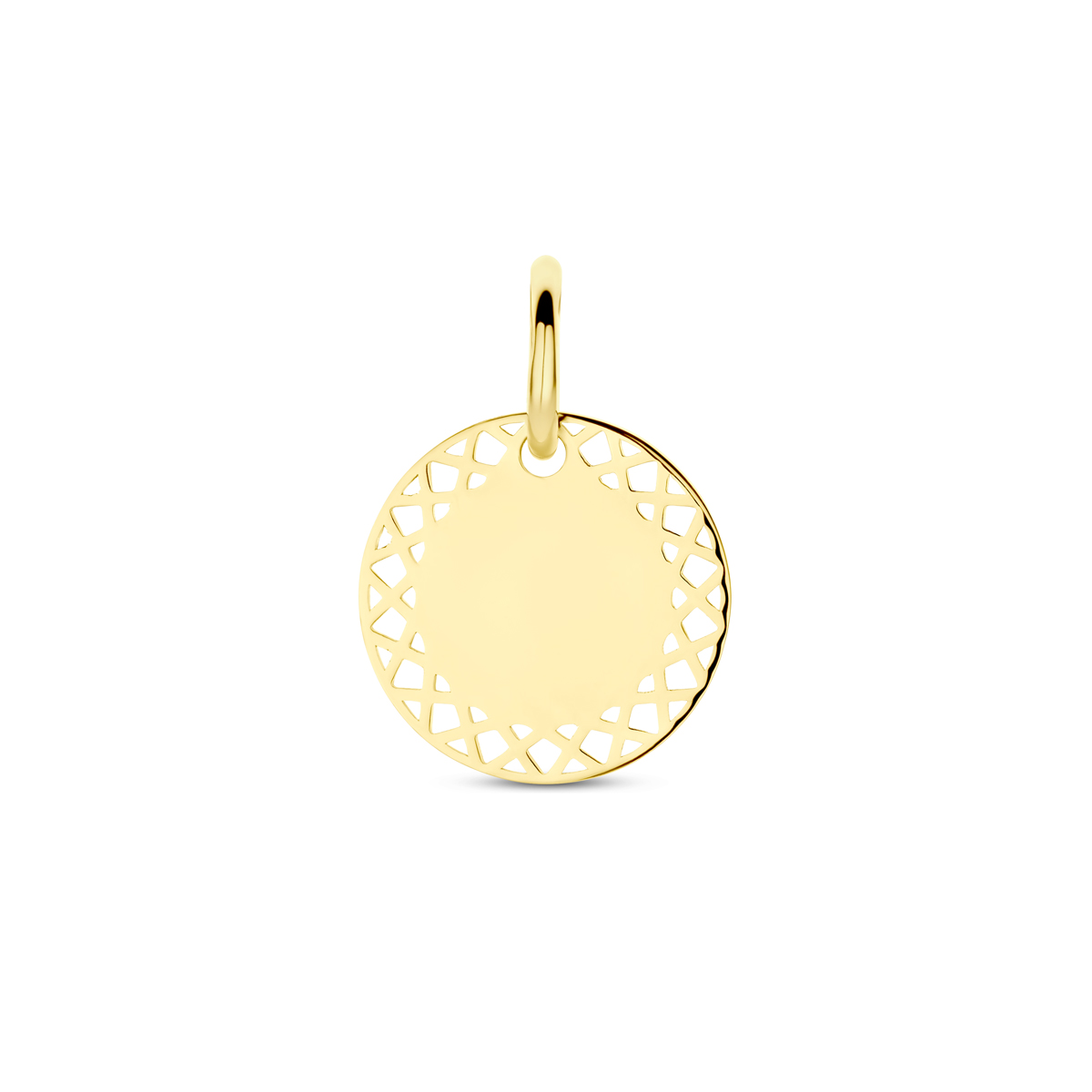 14k Geelgouden graveerhanger met een totale hoogte van 15mm. Het rondje heeft een diameter van 12mm en een dikte van 0.6mm.