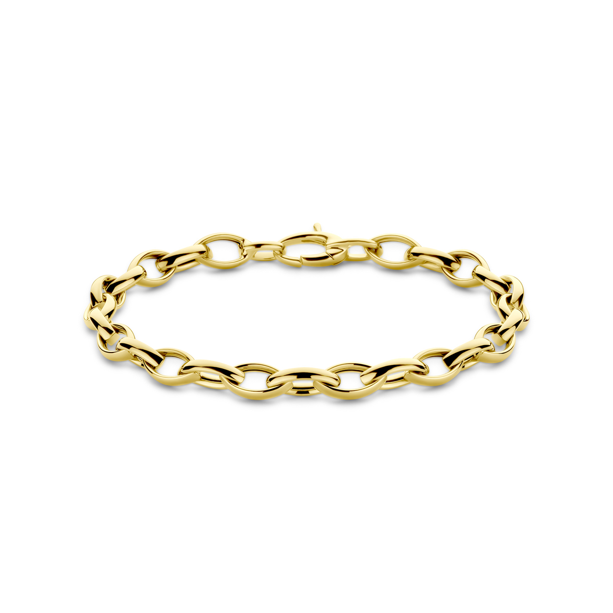 14k Geelgouden armband met een schakelbreedte van 6mm en een draaglengte van 19.5cm. Uitgevoerd met karabijnsluiting.