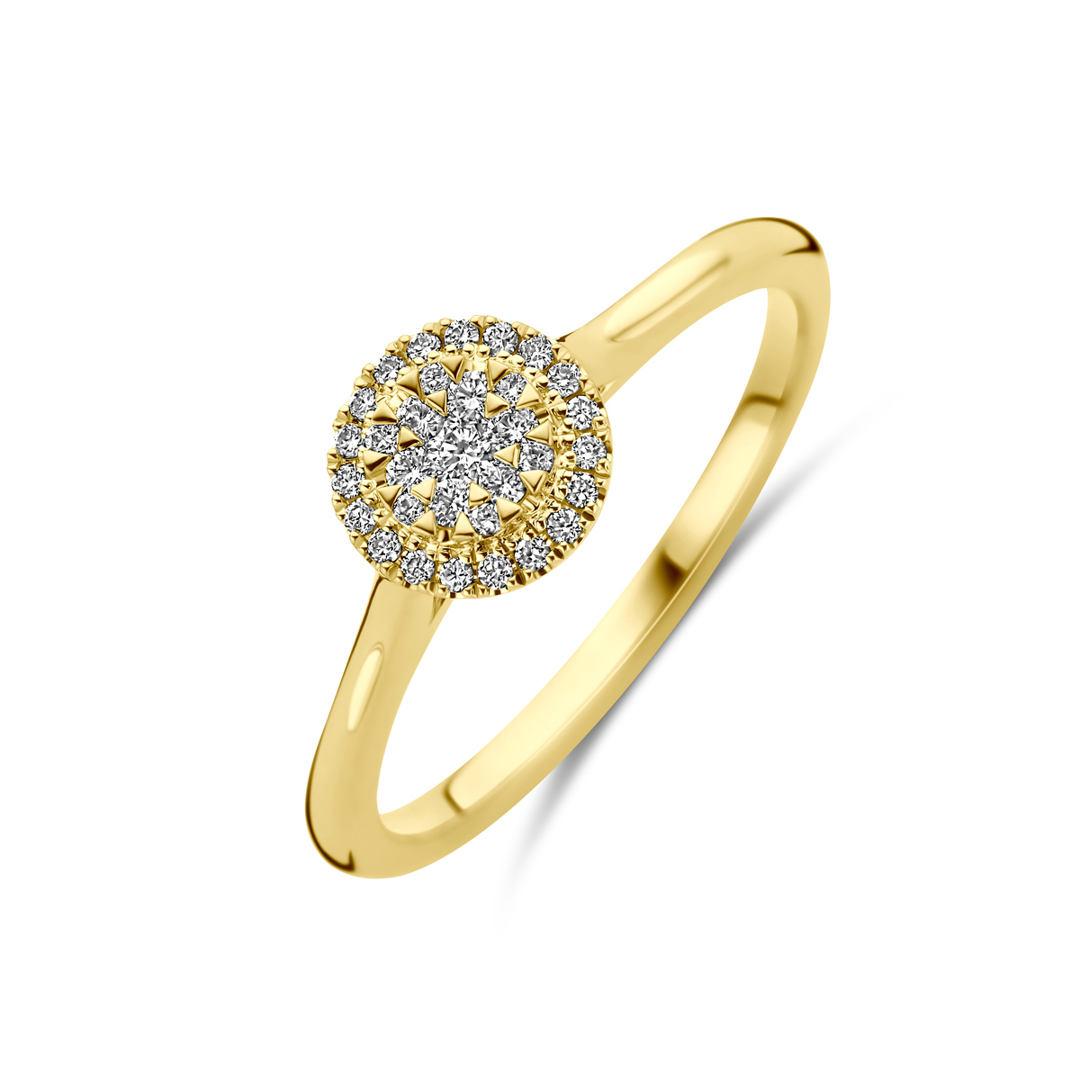 14k Geelgouden ring uitgevoerd met diamant. De ring heeft een diameter van 7mm. Het totale diamantgewicht is 0.15ct.