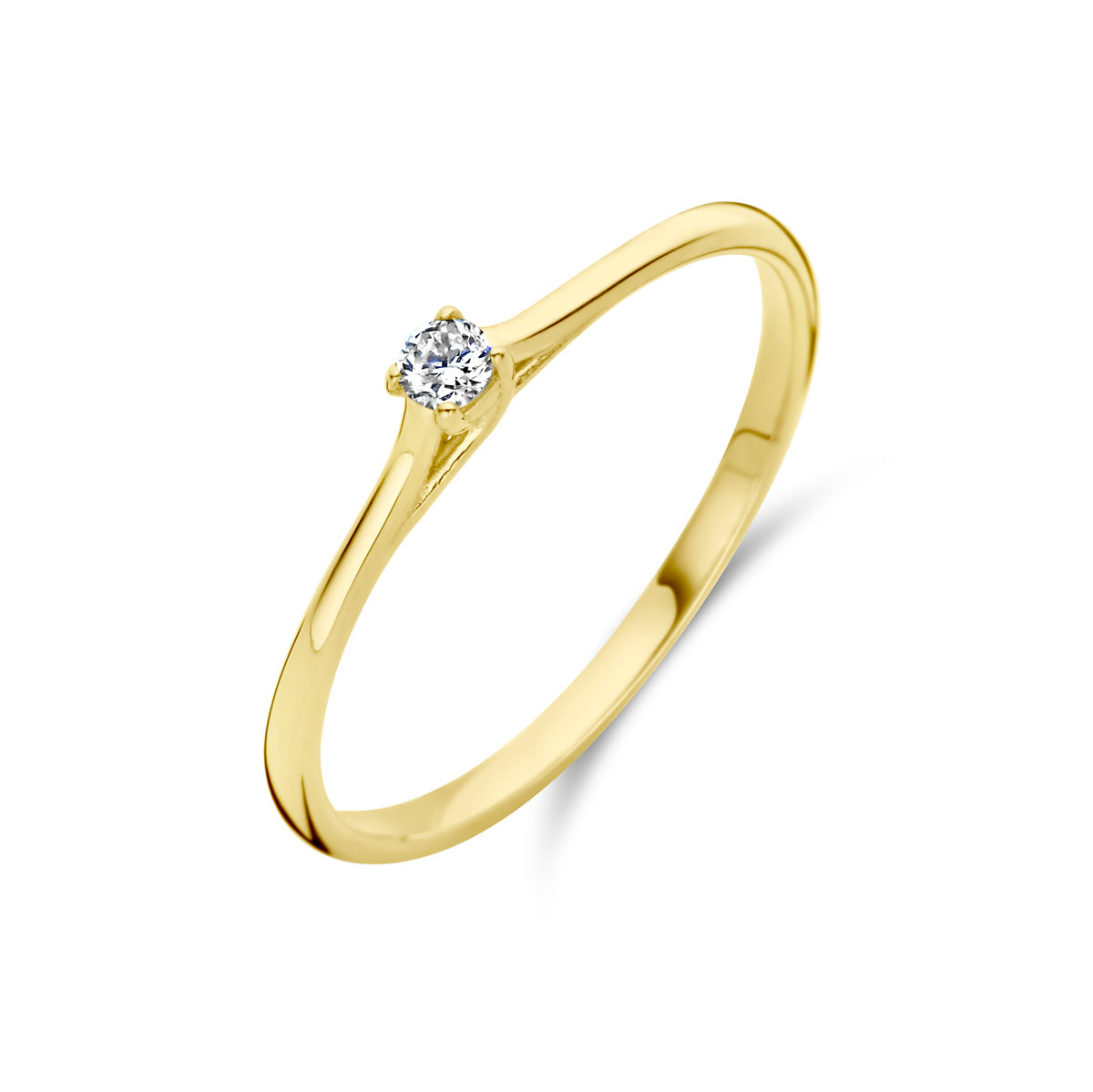 14k Geelgouden ring uitgevoerd met diamant. De ring heeft een breedte van 2.5mm.