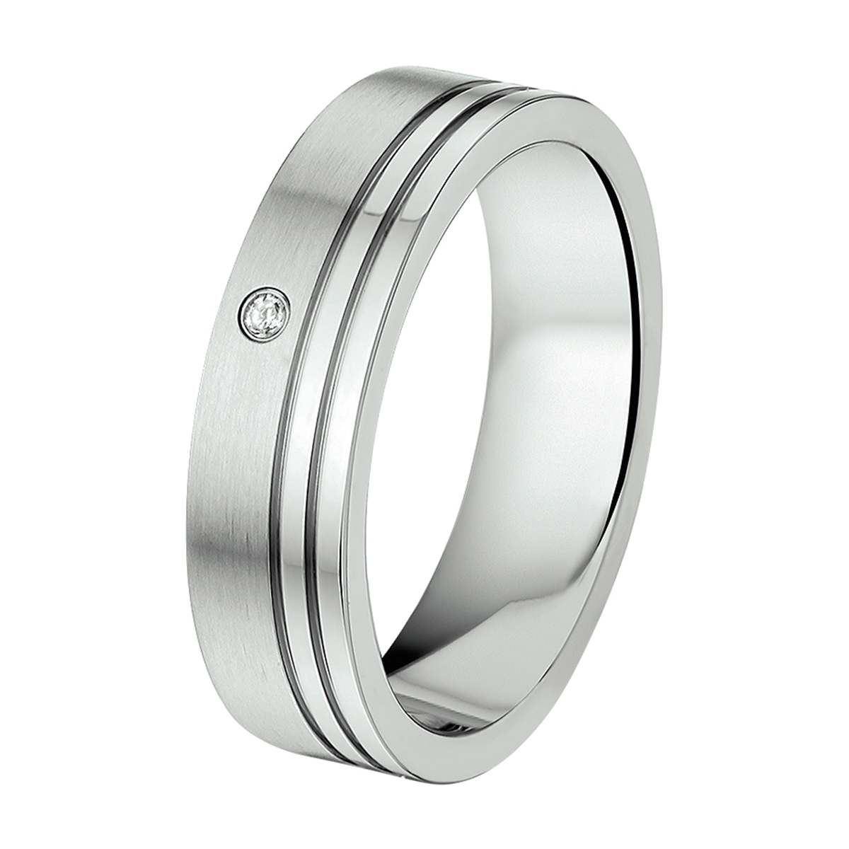 Edelstalen relatiering met een breedte van 5.5mm uitgevoerd met zirkonia.