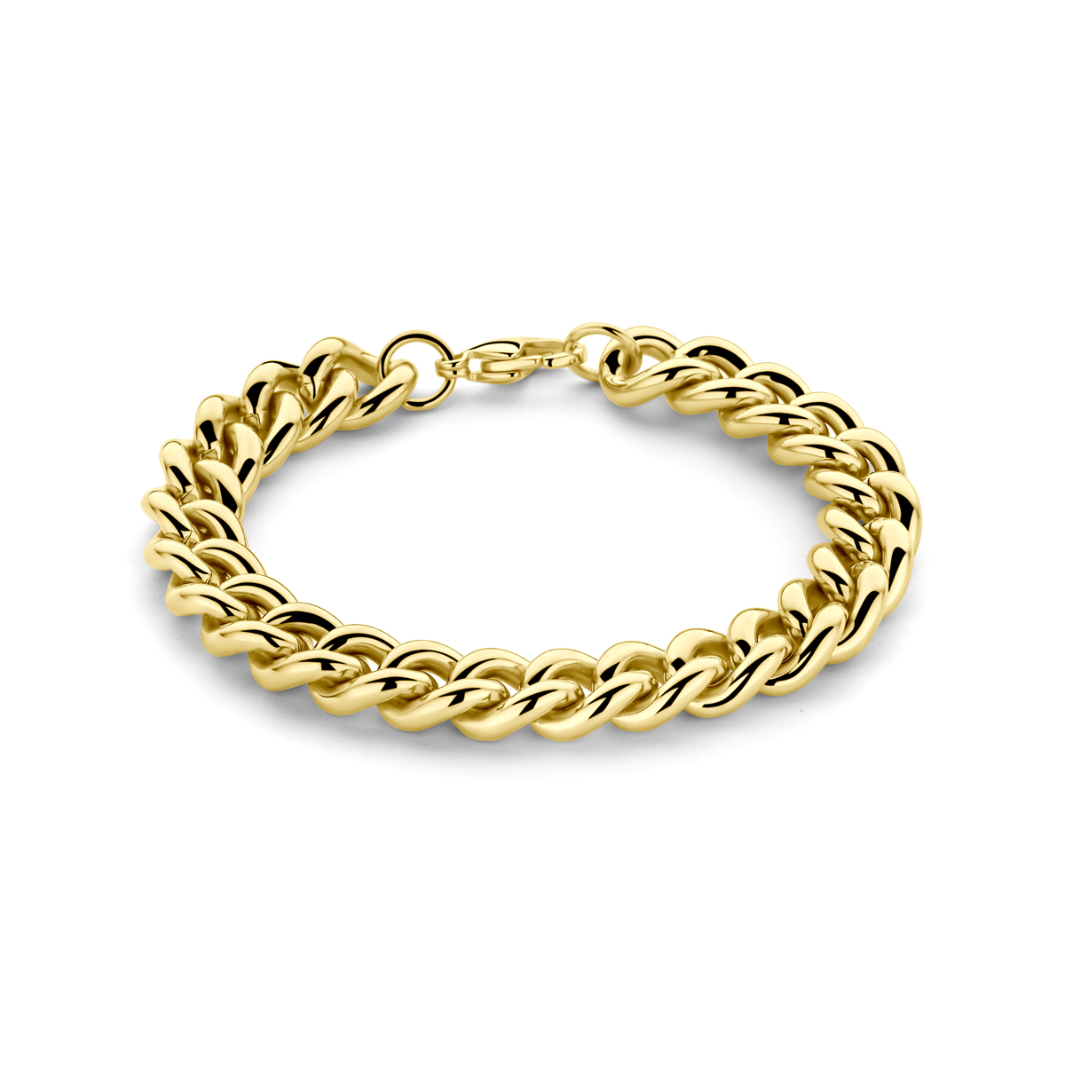 Stalen gourmet armband met een schakelbreedte van 10mm en een draaglengte van 19cm. De armband heeft een geel gekleurde ion plating en is uitgevoerd met karabijnsluiting.