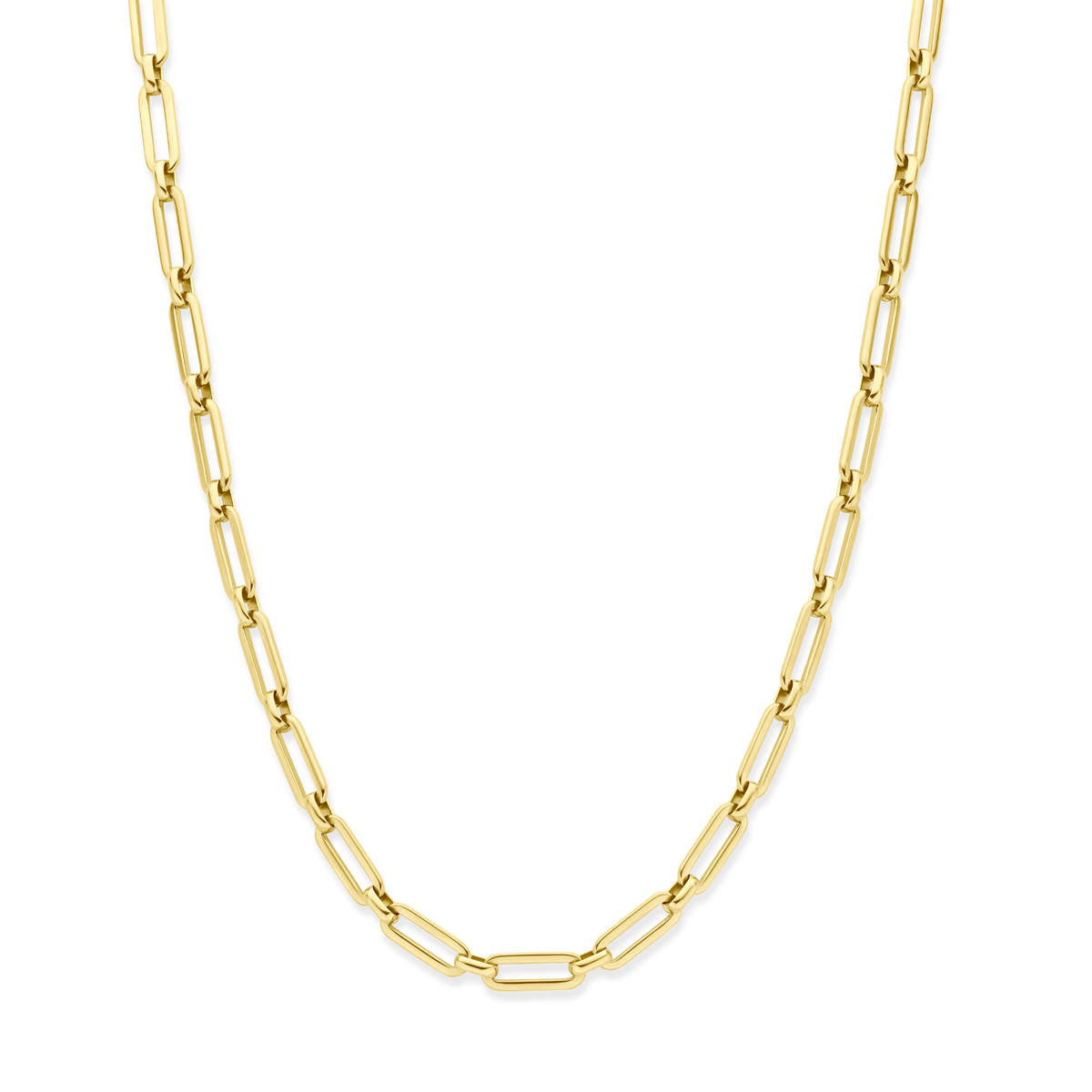 Stalen collier met een schakelbreedte van 5.5mm en een draaglengte van 40cm en een extensie van 5cm. Het collier heeft een geel gekleurde ion plating en is uitgevoerd met karabijnsluiting.