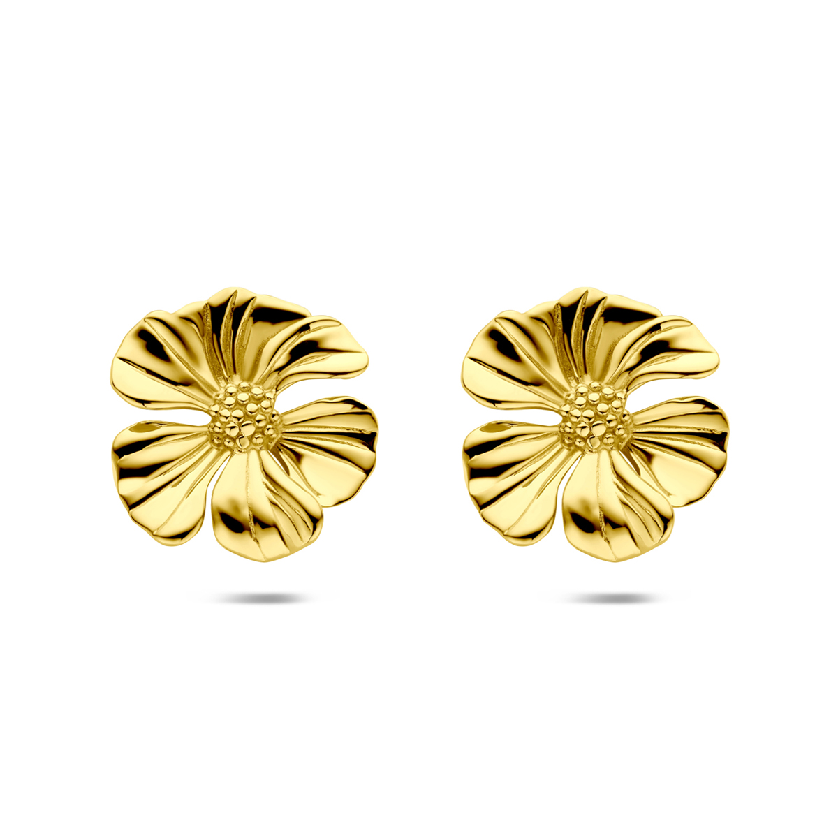 Stalen oorknoppen uitgevoerd in de vorm van een bloem. De oorknoppen hebben een diameter van 26mm en een geel gekleurde ion plating.