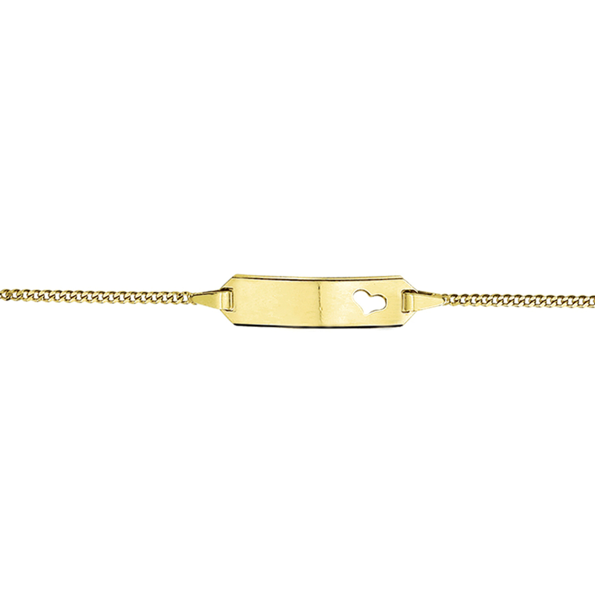 Beschrijving: 9 Krt. graveerarmband met een poli afwerking en een gestanst hartje. De lengte van de armband bedraagt 11cm met 2cm extensie.
Uniekenummer serie: 27270
Verpakt per: 1
Doelgroep: kinderen
Breedte: 20 mm
Kortste lengte: 11 mm
Langste lengte: 13 mm
Hoogte: 5 mm