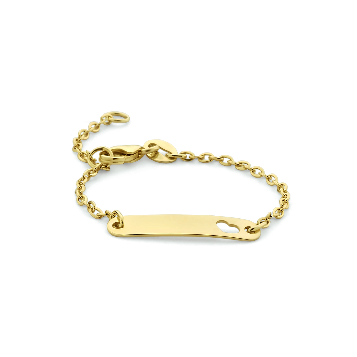 9k Geelgouden graveerarmband uitgevoerd met een hartje en een stevige karabijn sluiting. De armband heeft draaglengtes van 9 tot 11cm. Het graveerplaatje heeft een afmeting van 4x20mm.