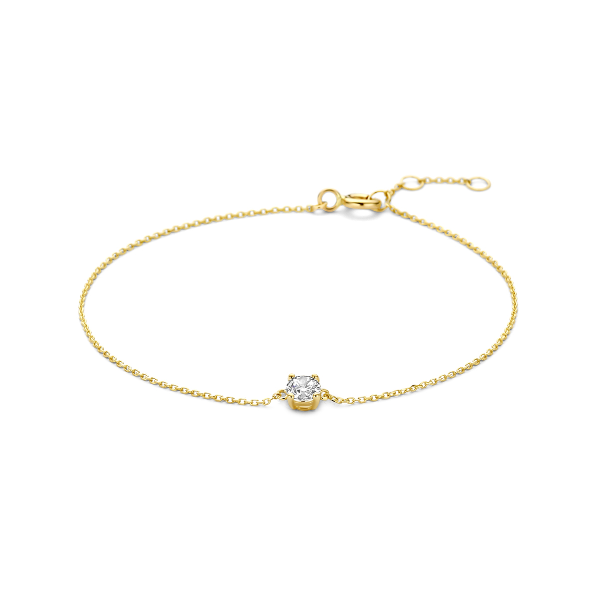 9k Geel kleurige armband uitgevoerd met zirkonia. De armband heeft draaglengtes van&nbsp;16,5 - 17,5 - 18,5 cm.