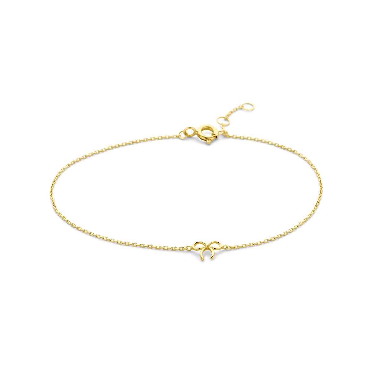 9k Goudkleurig armband uitgevoerd met een strik. De armband heeft draaglengtes van 16,5-17,5-18,5cm.