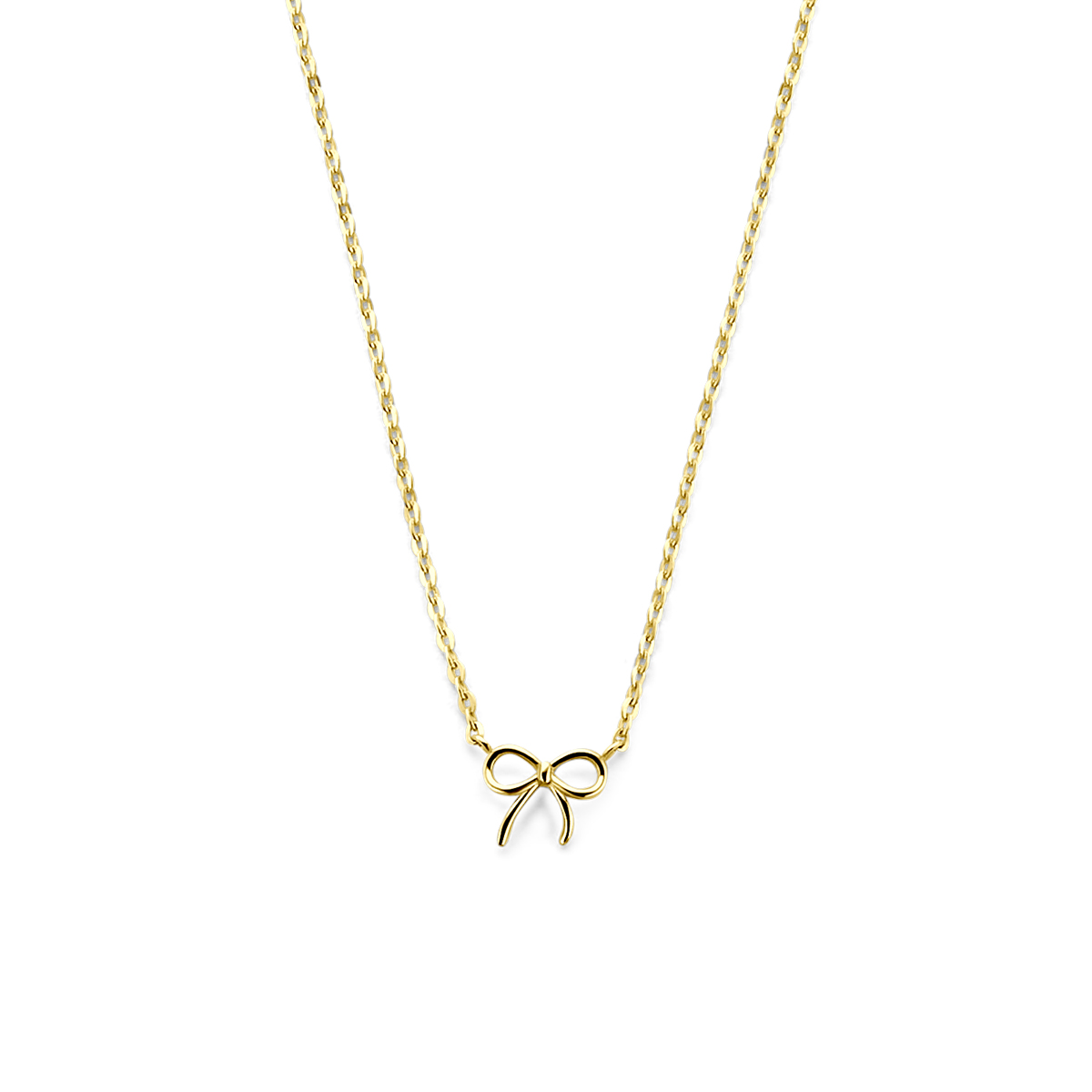9k Geel kleurig collier uitgevoerd met een strik. Het collier heeft draaglengtes van 41-43-45cm.