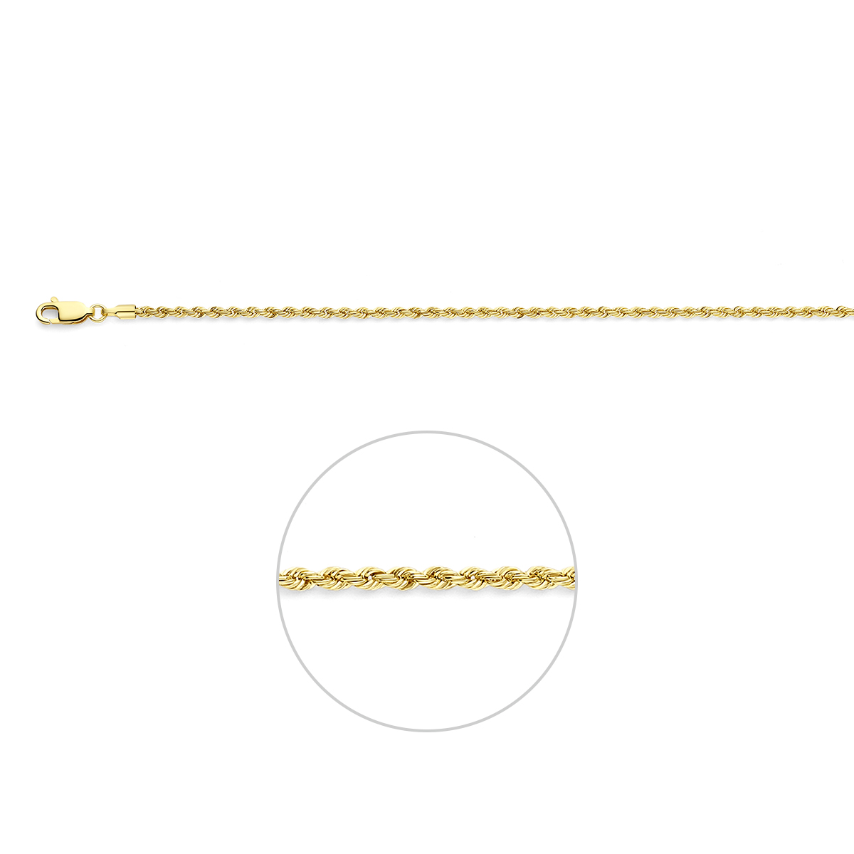 9k Geel kleurig lengteartikelen met een koord schakel van 2,1mm. Uitgevoerd met een karabijnsluiting.