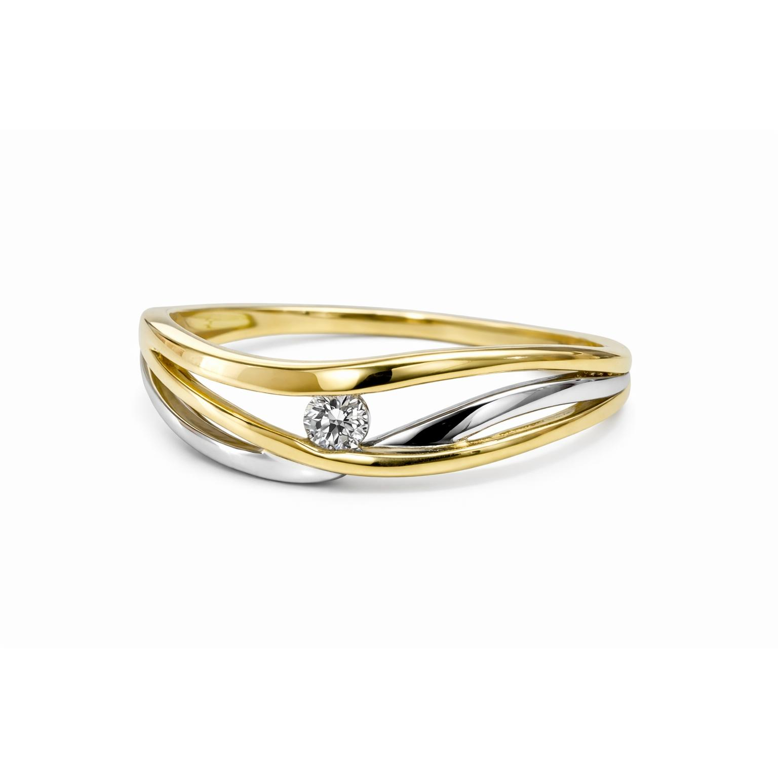Deze sierlijke Ring in klemzetting Diamant bi-color 14k goud, is een prachtige aanvulling voor elke gelegenheid. Gemaakt van 14 karaat goud, draagt deze ring een diamant van 0,03 karaat H-SI 
In maat 54, is het ideaal om te dragen als verfijnd accent bij formele kleding of als dagelijks luxe accessoire.
