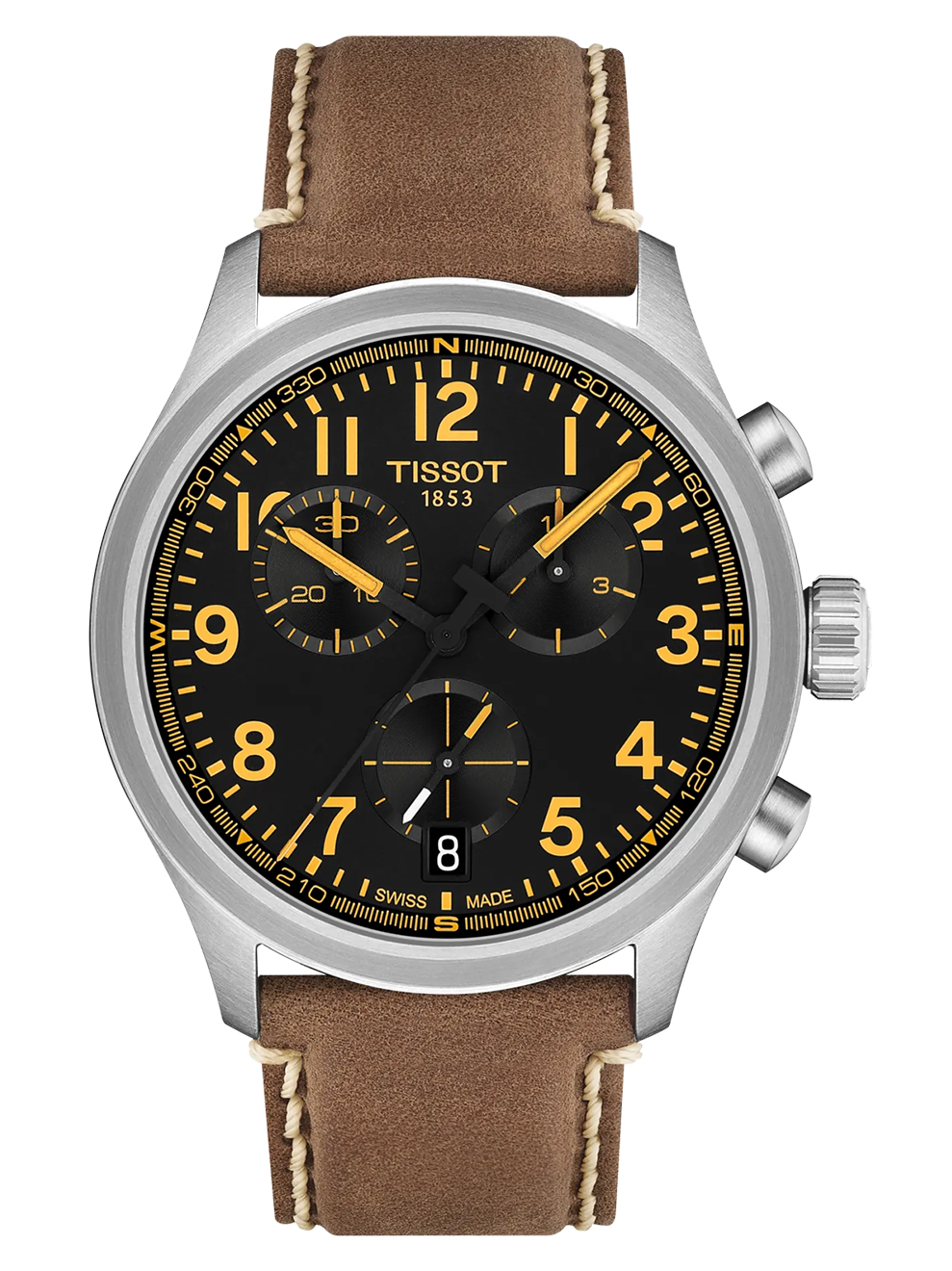 
Tissot horloge chrono L met bruine lederen band met contrasterende stiksels. Ge&iuml;nspireerd door de Chrono XL is dit horloge perfect voor wie op zoek is naar een sportieve en elegante chronograaf, met Zwitserse technologie en een moderne uitstraling. Het G10.212 chronograaf-quartz uurwerk staat garant voor precisie en robuustheid. Daarnaast is het horloge waterbestendig tot een druk van 10 bar (100 meter/330 voet) en biedt het uitstekende zichtbaarheid bij weinig licht dankzij de Super-LumiNova&reg; coating op de wijzervormige wijzers. Banden kunnen eenvoudig worden verwisseld dankzij Tissots gebruiksvriendelijke quick strap change-systeem. Ontdek dit 42 mm chronograafhorloge met zijn zwarte wijzerplaat en contrasterende gele wijzers en indexen.
Diameter:42 mm
Kast van 316L roestvrij staal
Krasbestendig saffierglas met antireflecterende coating
Saffierglas met &eacute;&eacute;n antireflectiecoating aan de onderkant van het kristal
Kleur wijzerplaat
Zwart
Indexen
Arabische cijfers
Lichtgevende wijzers
Super-LumiNova&reg;
Bandtype: Leer
Details band: Leer
Bandstructuur: Embossed cow leather
Achterzijde band|: Synthetic
Kleur band: Bruin