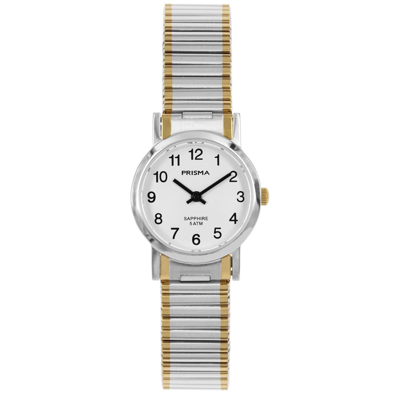 Prisma dames P1816 horloge edelstaal saffierglas 5 ATM 		
		
Algemeen		
Geslacht: dames		
Model: P.1816		
		
Voordelen		
- rekband sluit naadloos aan op de huid		
- band edelstaal zilver/goudkleurig (bicolor)		
- wijzerplaat wit met zwartecijfers (arabisch)		
- glas is zeer krasvast		
- spat waterdicht: handenwassen, regen		
- quartz		
- maat kast 26mm (breedte) 7,3mm (dikte)		
	
			
