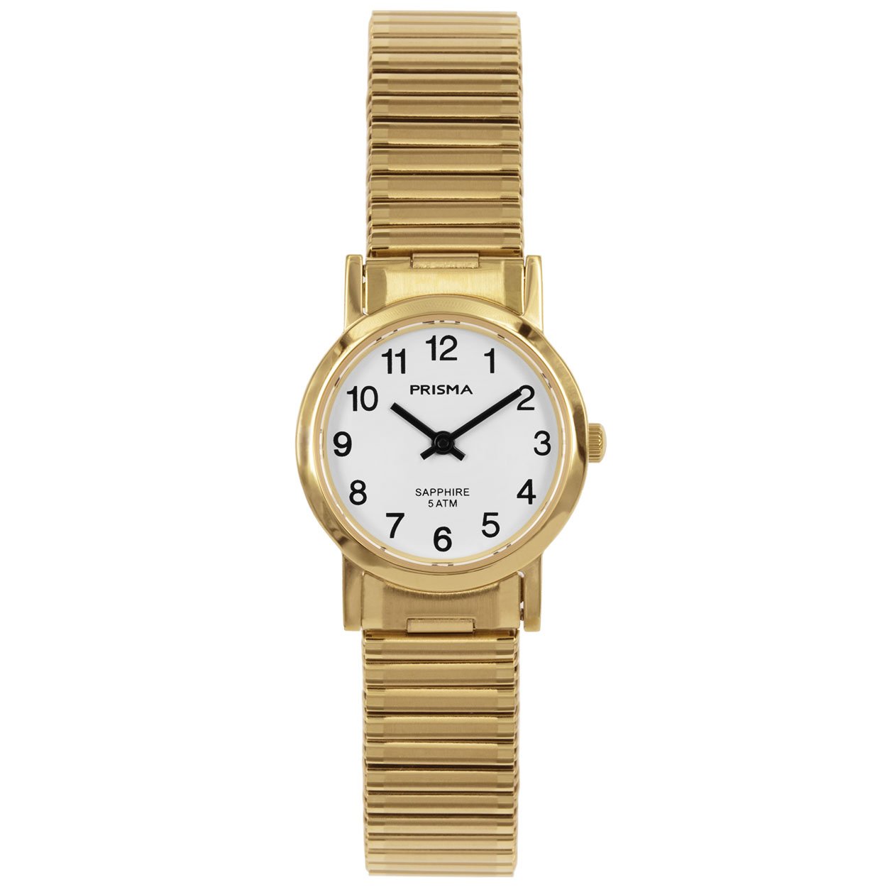 Prisma dames P1817 horloge edelstaal saffierglas 5 ATM 		
		
Algemeen		
Geslacht: dames		
Model: P.1817		
		
Voordelen		
- rekband sluit naadloos aan op de huid		
- band edelstaal goudkleurig		
- wijzerplaat wit met zwarte cijfers (arabisch)		
- glas is zeer krasvast		
- spat waterdicht: handenwassen, regen		
- quartz		
- maat kast 26mm (breedte) 7,3mm (dikte)		
		
