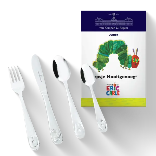 Van het beroemde boek Rupsje nooit genoeg.
 Het bestek is vaatwasmachine bestendig.