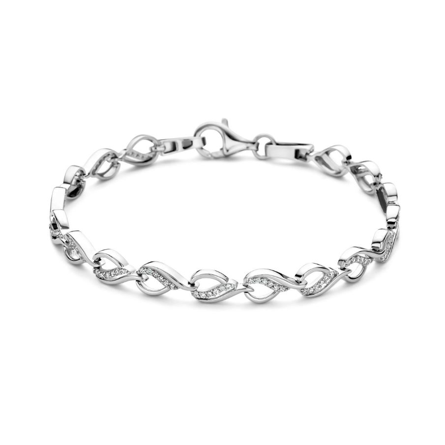 Luxe zilveren schakelarmband met zirkonia's 
De armband is gerhodineerd voor een langdurige glans