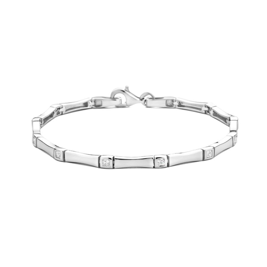 Luxe zilveren schakelarmband met zirkonia's 
De armband is gerhodineerd voor een langdurige glans