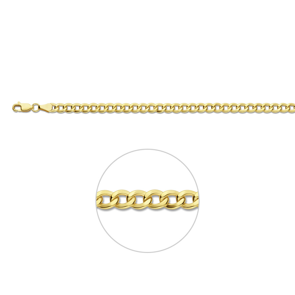 Gouden schakel armband met een lengte van 21 cm.
De armband heeft een kern van zilver.