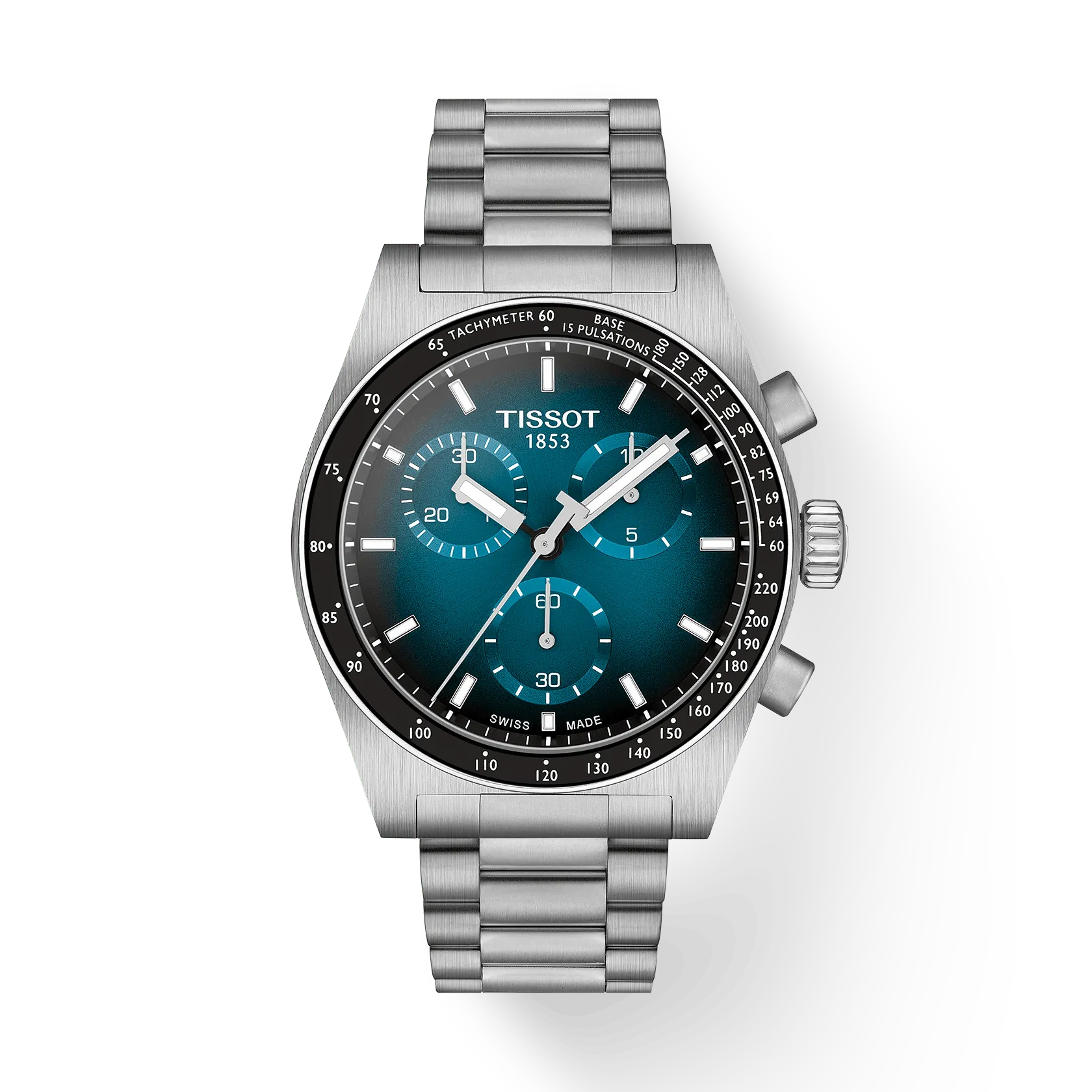 een Tissot heren polshorloge model PR516 chronograaf.
met blauw/groen wijzerplaat verlopend naar zwart en een stalen band