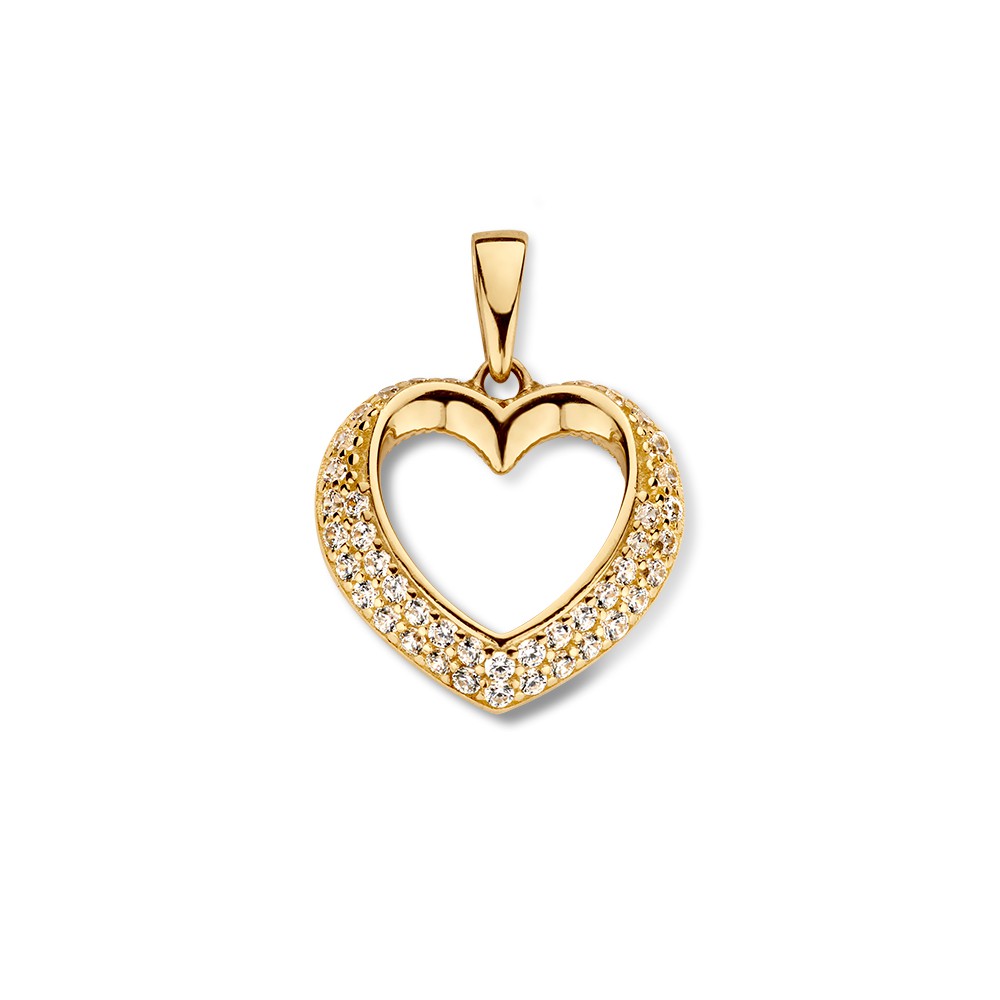 Gouden harthanger met bol design, gezet met fijne zirkonia's.
