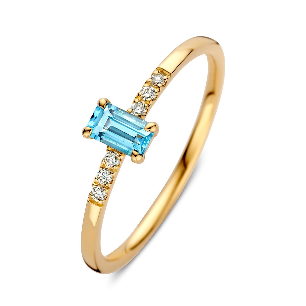 De Excellent Jewelry 14 krt Ring Topaas/diamant is een verfijnde gouden ring van 14 karaat met een blauwe briljant geslepen topaas en een diamant van SI1-puurheid. Ideaal voor dagelijks gebruik, combineert deze stijlvolle ring elegantie met een vleugje glamour. Perfect om te dragen bij zowel casual als formele gelegenheden. 