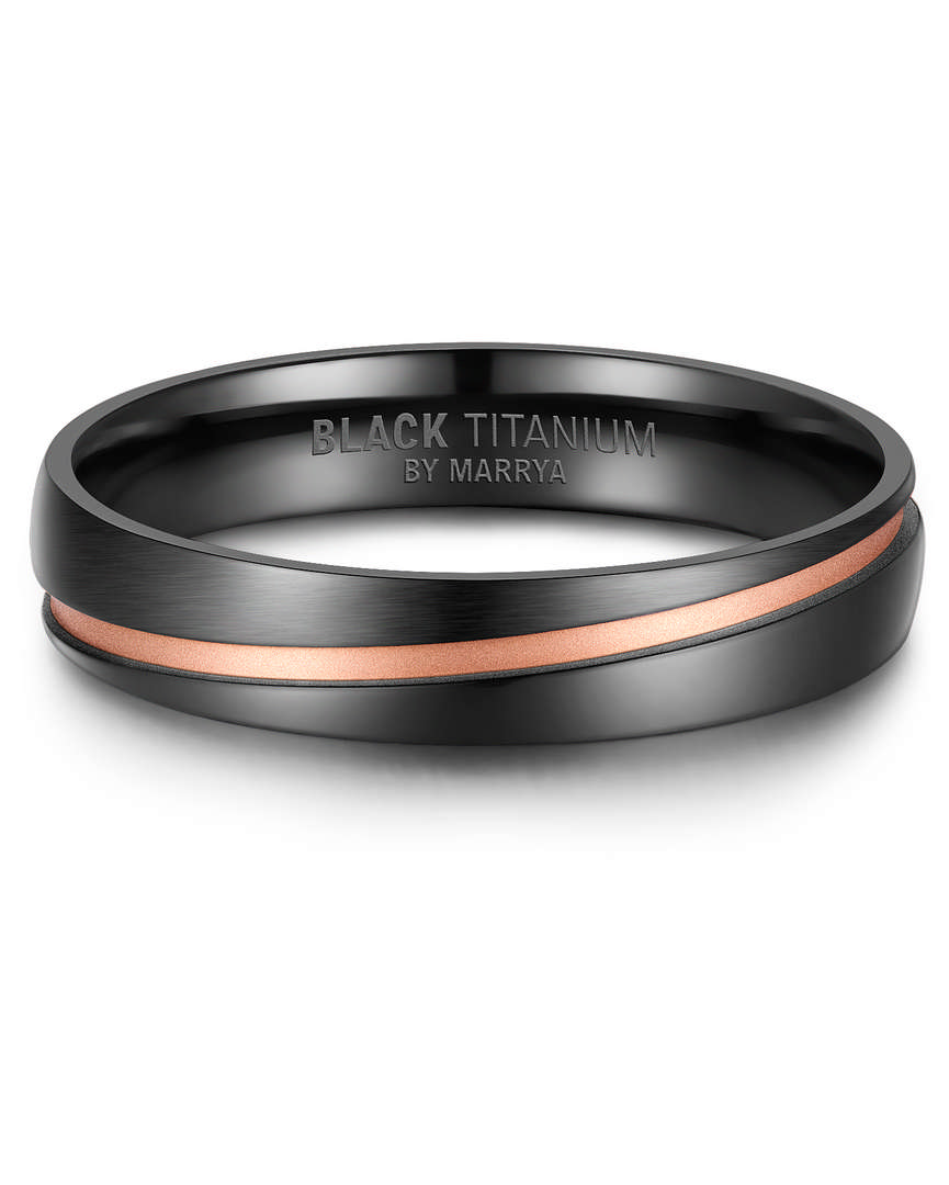 Heren zwarte ring titanium bestaat uit een metaallegering van 51% zirkonium en 49% titanium. De zwarte kleur wordt verkregen door een verhittings-/bakproces. Het is 14K IP-geplateerd met roze en gele tinten. Dit is een hoogwaardig proces! Wij gebruiken nooit inferieure waterplating.