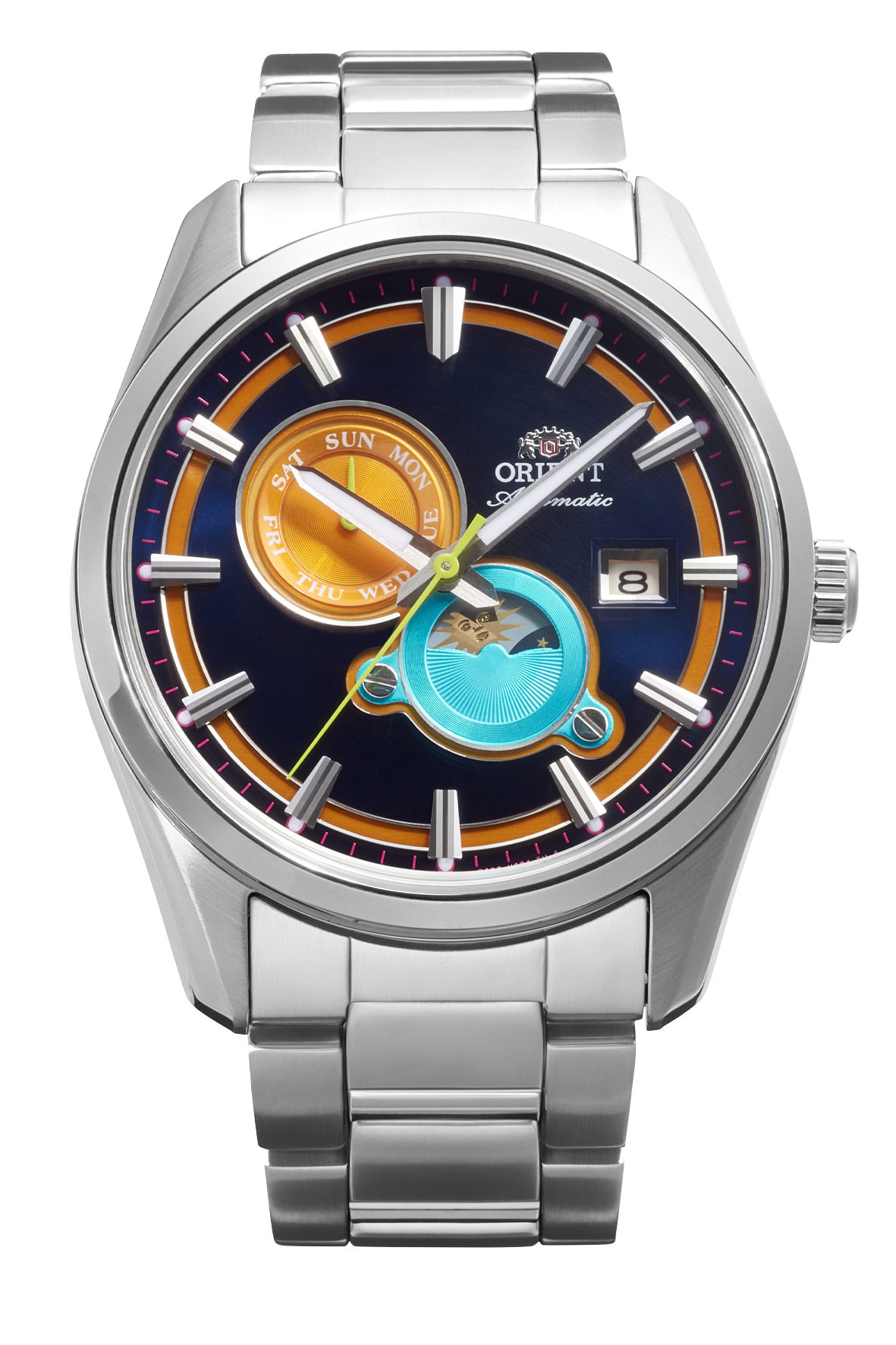 De Orient Stretto RA-AK0316L30B Sun & Moon Limited Edition horloge heeft een automatische beweging, ronde kast van roestvrij staal, saffierglas en een zilverkleurige roestvrijstalen band van 22 mm breed. Met een waterbestendigheidsniveau van 5 is het geschikt voor dagelijks gebruik. Draag dit elegante horloge rond uw pols voor een verfijnde uitstraling.