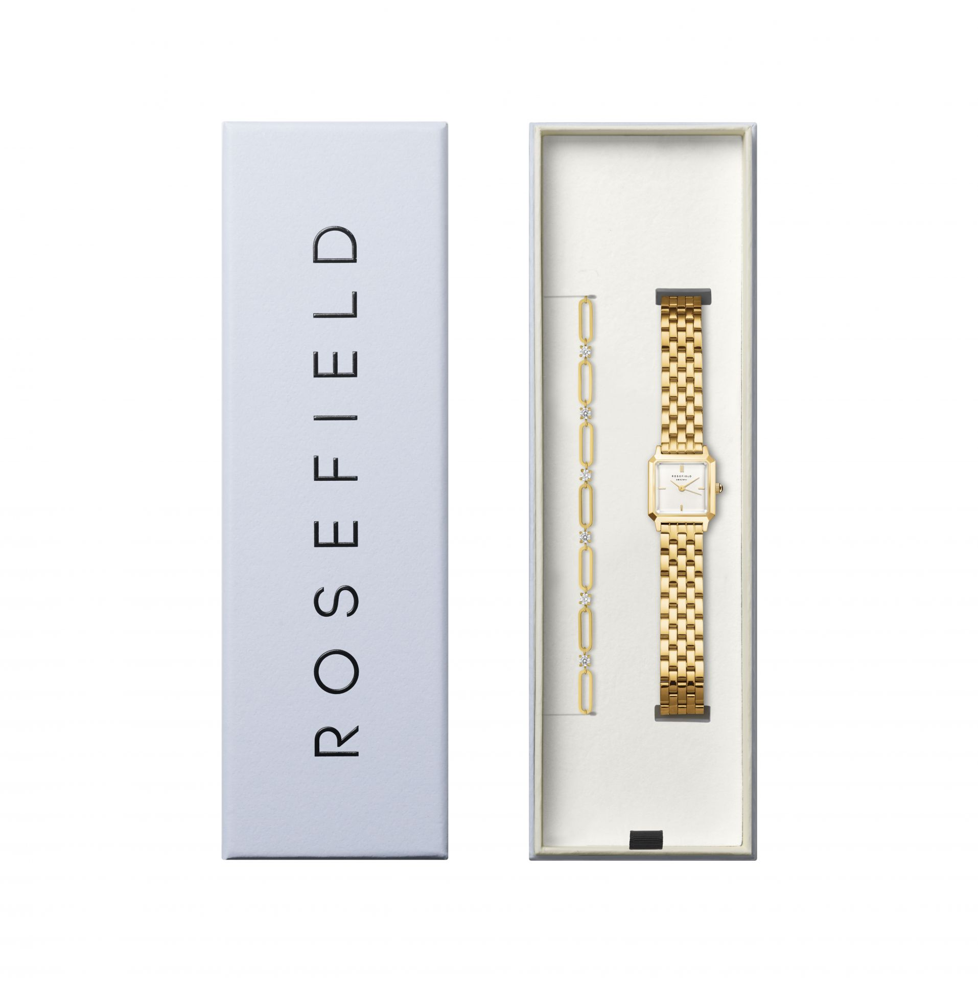 Gift Set: Boxelle White Dial Gold Steel + Round Crystals and Paperclip Bracelet Gold