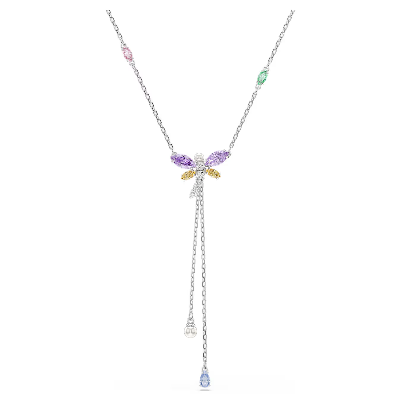 Omarm de transformerende kracht van de libelle met deze evocatieve Y-ketting. De ketting is geaccentueerd met veelkleurige Swarovski Zirkonia maar het centrale libellemotief is gemaakt van een enkele Swarovski Crystal Pearl met pastelkleurige vleugels in roze en paars. Twee lange strengen hangen eronder met een extra Swarovski Crystal Pearl en een blauwe Swarovski Zirkonia. Draag het samen met de andere libellesieraden voor een vreugdevol accent.

Artikelnr.: 5749183
Collectie:  Ariana Grande x Swarovski
Lengte (minimum - maximum): 30 - 44 cm
Breedte: 1.8 cm
Y Lengte motief: 6.4 cm
Materiaal:  Kristallen, Rodium-verguld, Cubic zirconia
Kleur:  Meerkleurig
Type sluiting:  Karabijn