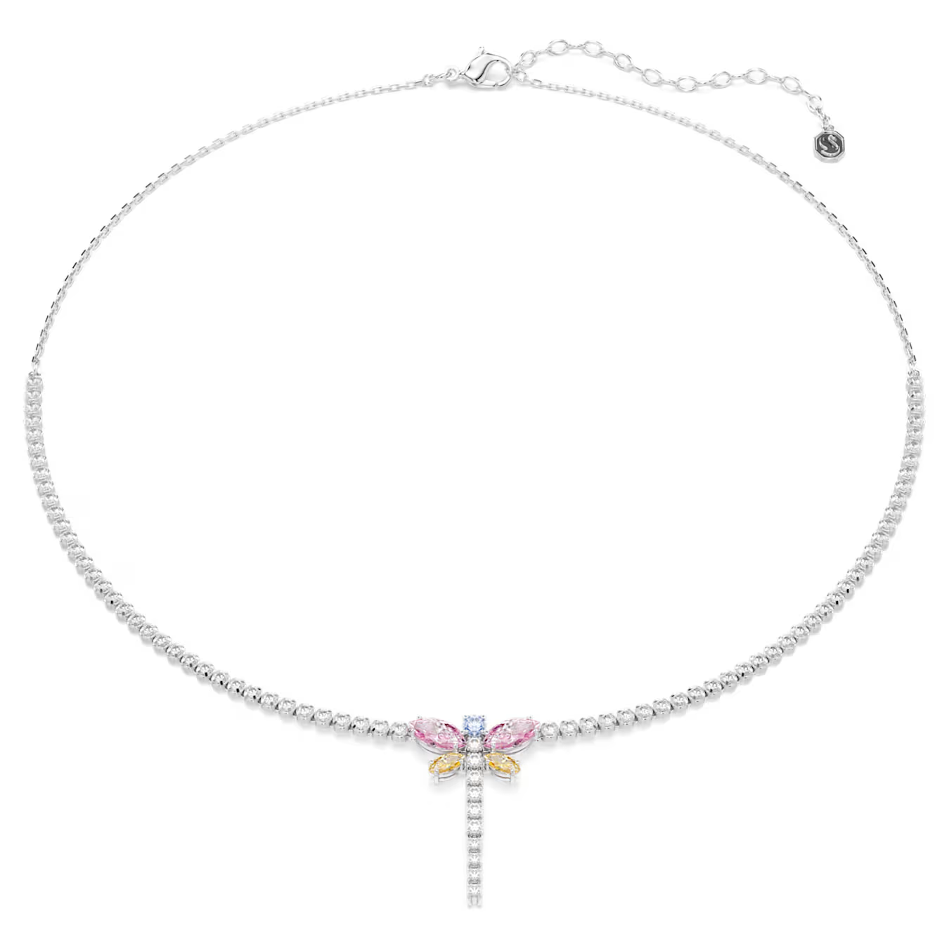 Deze sierlijke libelle-sieraden belichamen transformatie en elegantie. Het is versierd met Swarovski Zirkonia en heeft zacht getinte vleugels in roze en geel. Het kan worden gedragen als een cupchain-ketting of worden ingekort tot een choker via het schuifmechanisme. Een veelzijdige keuze die prachtig combineert met andere op libellen ge&iuml;nspireerde ontwerpen uit dezelfde collectie.

Artikelnr.: 5737425
Collectie:  Ariana Grande x Swarovski
Lengte (minimum - maximum): 30 - 44 cm
Formaat motief: 2.6 x 1.7 cm
Materiaal:  Rodium-verguld, Cubic zirconia
Kleur:  Meerkleurig
Type sluiting:  Karabijn