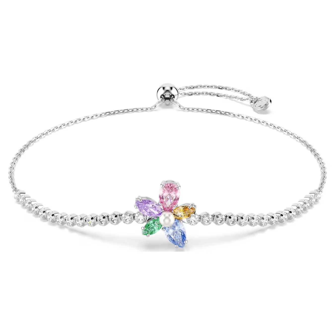 Deze armband met rhodium toplaag is ge&iuml;nspireerd op de natuur en met precisie vormgegeven. In het midden prijkt een voorzien van een centraal Swarovski Crystal Pearl met daaromheen heldere Swarovski Zirkonia als een delicate cupchain-ketting om de pols gedrapeerd. Pas de schuifsluiting aan om de armband op maat te maken en draag hem samen met de bijpassende choker.

Artikelnr.: 5749187
Collectie:  Ariana Grande x Swarovski
Maximale lengte: 24 cm
Formaat motief: 1.3 x 1.2 cm
Materiaal:  Kristallen, Rodium-verguld, Cubic zirconia
Kleur:  Meerkleurig
Type sluiting:  Schuifbare bal