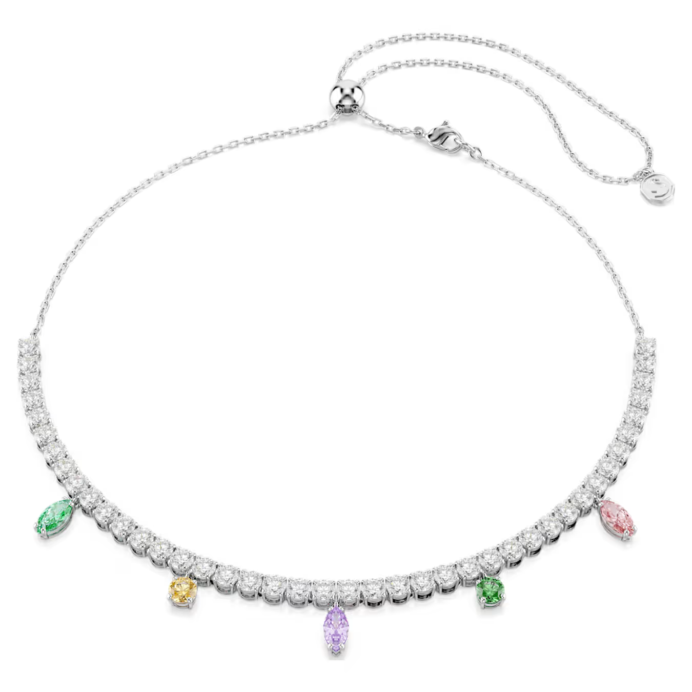 Deze verstelbare sieraden, die een sublieme harmonie van kleur en licht bieden, kunnen als ketting of choker worden gedragen. Het ontwerp met rhodium toplaag heeft een uniforme streng heldere Swarovski Zirkonia en een verscheidenheid aan pastelkleuren die eronder hangen in gemengde slijpvormen. Stimuleer de creativiteit in uw stijl met dit sieraad en draag het met de bijpassende armband uit dezelfde lijn.

Artikelnr.: 5737422
Collectie:  Ariana Grande x Swarovski
Lengte (minimum - maximum): 30 - 44 cm
Breedte: 0.4 cm
Materiaal:  Rodium-verguld, Cubic zirconia
Kleur:  Meerkleurig
Type sluiting:  Karabijn