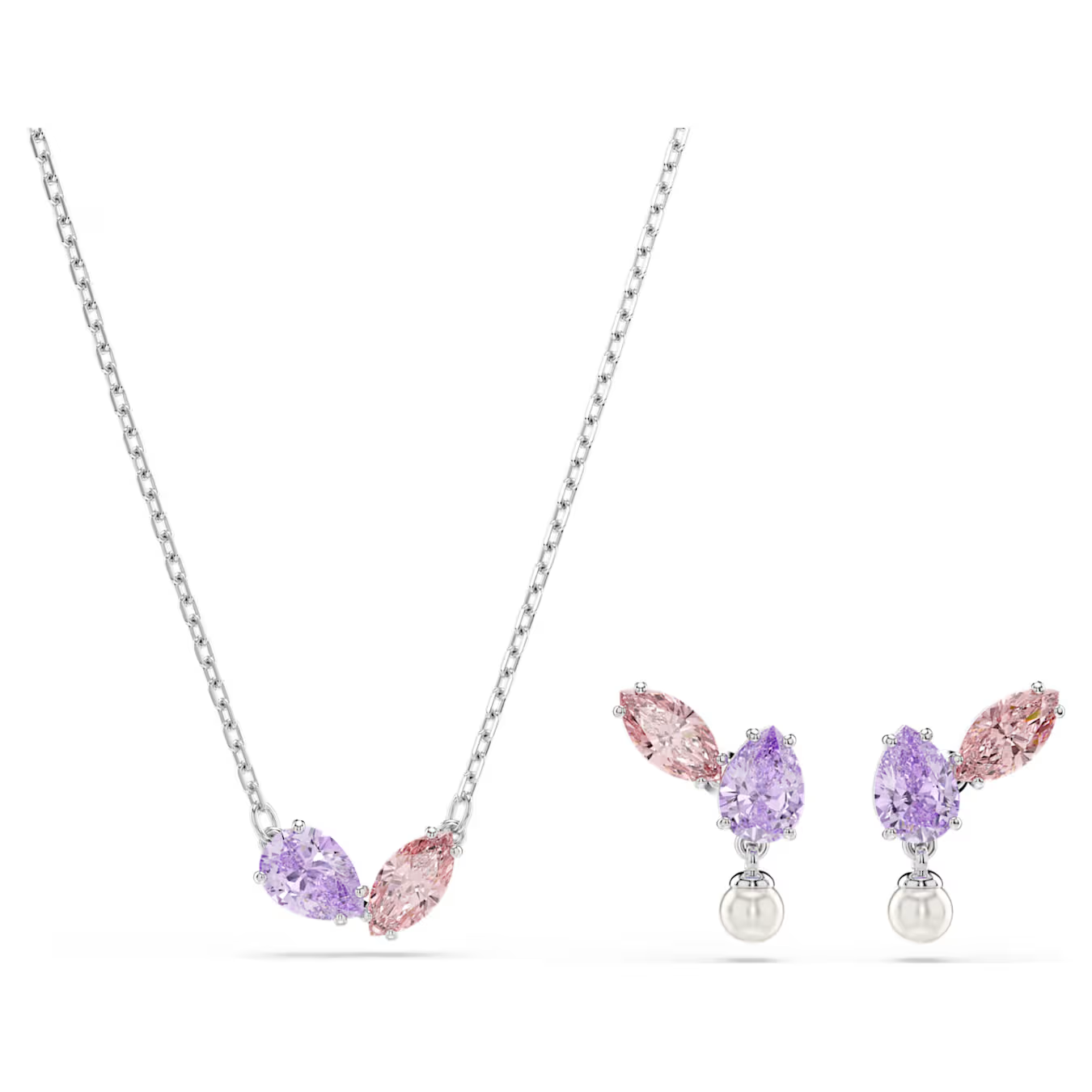 Verrijk uw look in pastelkleuren met deze kleurrijke set, die bestaat uit oorbellen en een ketting. Elk sieraad met rhodium toplaag is voorzien van roze en paarse Swarovski Zirkonia in verschillende slijpvormen, terwijl er aan de oorbellen ook een hangende druppel van Swarovski Crystal Pearls hangt. Een perfecte keuze om uw stijl te doordrenken met vreugde.

Artikelnr.: 5746577
Collectie:  Ariana Grande x Swarovski
Ketting lengte: 38 - 45 cm
Formaat motief: 1.6 x 1.2 cm
Oorbellen: 1.6 x 1.2 cm
Materiaal:  Kristallen, Rodium-verguld, Cubic zirconia
Kleur:  Meerkleurig
Type sluiting:  Karabijn