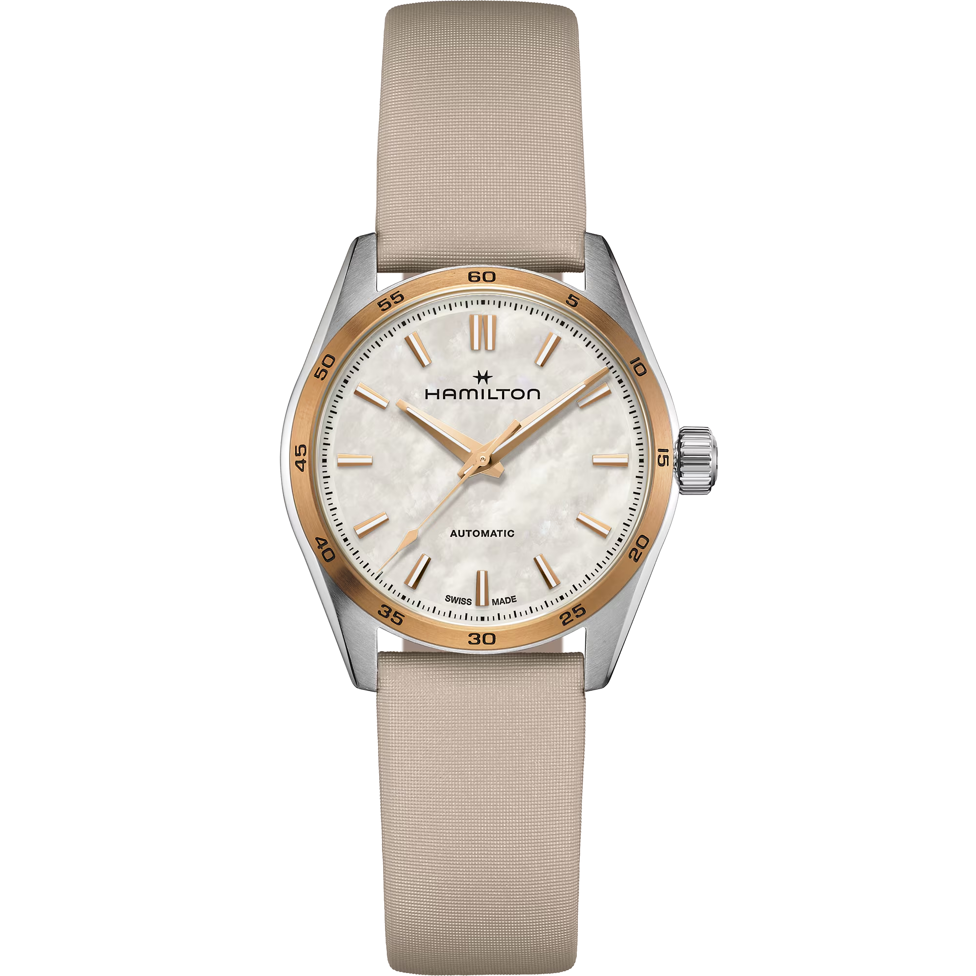 De Hamilton Jazzmaster Performer Lady Auto H36125890 is een verfijnd horloge met automatische Zwitserse beweging, een anti-allergische roestvrijstalen kast, en een parelmoerkleurige wijzerplaat. Waterbestendigheid tot 10 ATM biedt duurzaamheid. Het elegante cr&egrave;me leren bandje maakt het ideaal voor zowel dagelijks als formeel gebruik. Draag het met zelfvertrouwen voor elke gelegenheid.