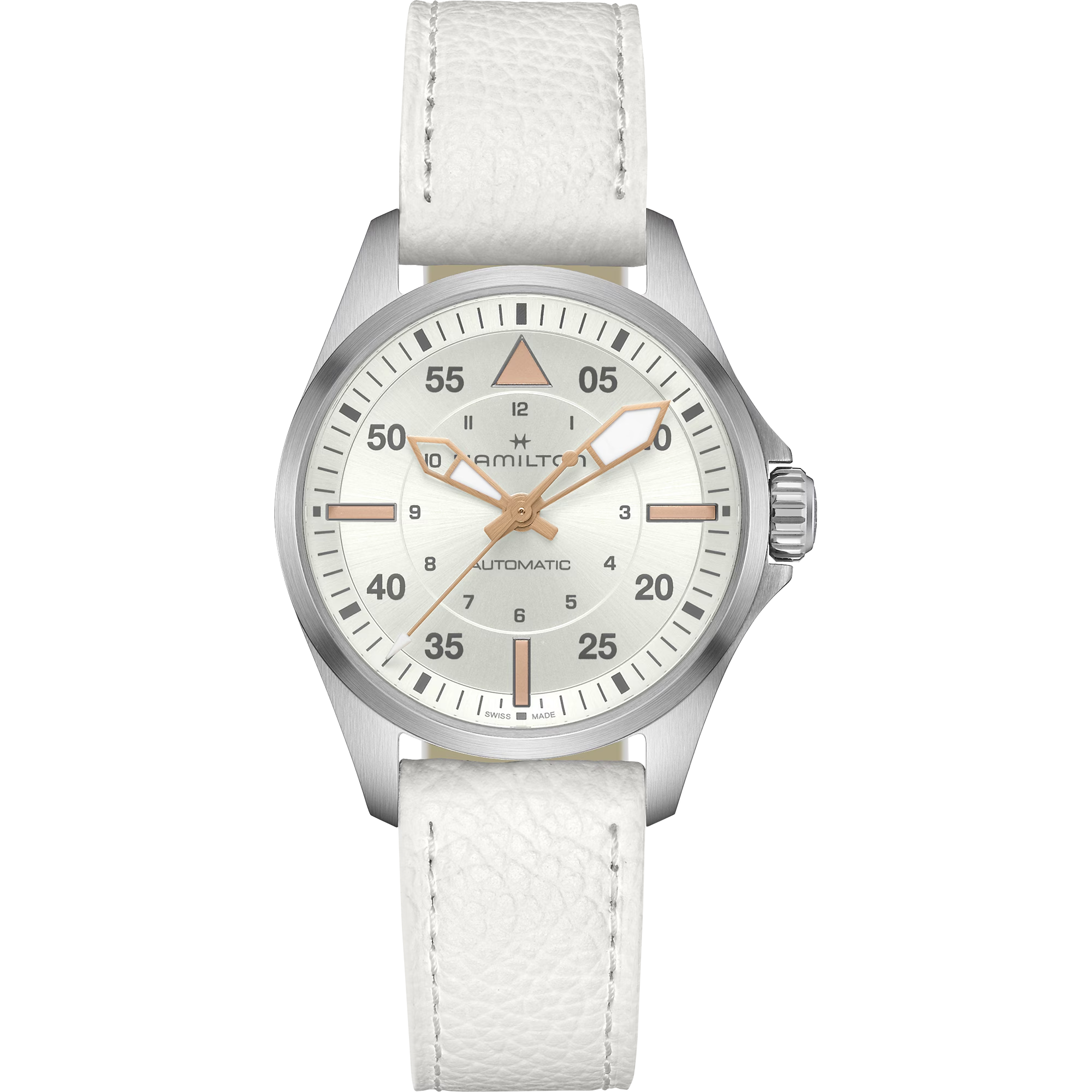 De Hamilton Khaki Aviation Pilot H76215850 is een stijlvol horloge met Zwitsers automatisch uurwerk. Het heeft een roestvrijstalen behuizing van 36 mm, zilverkleurige wijzerplaat met Arabische cijfers, saffierglas en een echte leren band in wit. Het horloge is hypoallergeen en waterbestendig tot 100 meter. Perfect voor dagelijks gebruik of speciale gelegenheden.