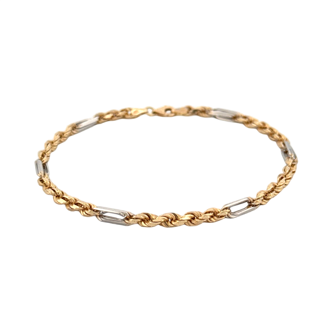 Deze prachtige 14-karaats Bicolor Koord armband is voorzien van een gefacetteerd design, wat zorgt voor een sprankelende uitstraling. De armband is perfect te dragen als statement piece of gelaagd met andere armbanden voor een trendy look. De verstelbare sluiting zorgt ervoor dat de armband comfortabel om elke pols past. Een must-have accessoire voor elke sieradencollectie!