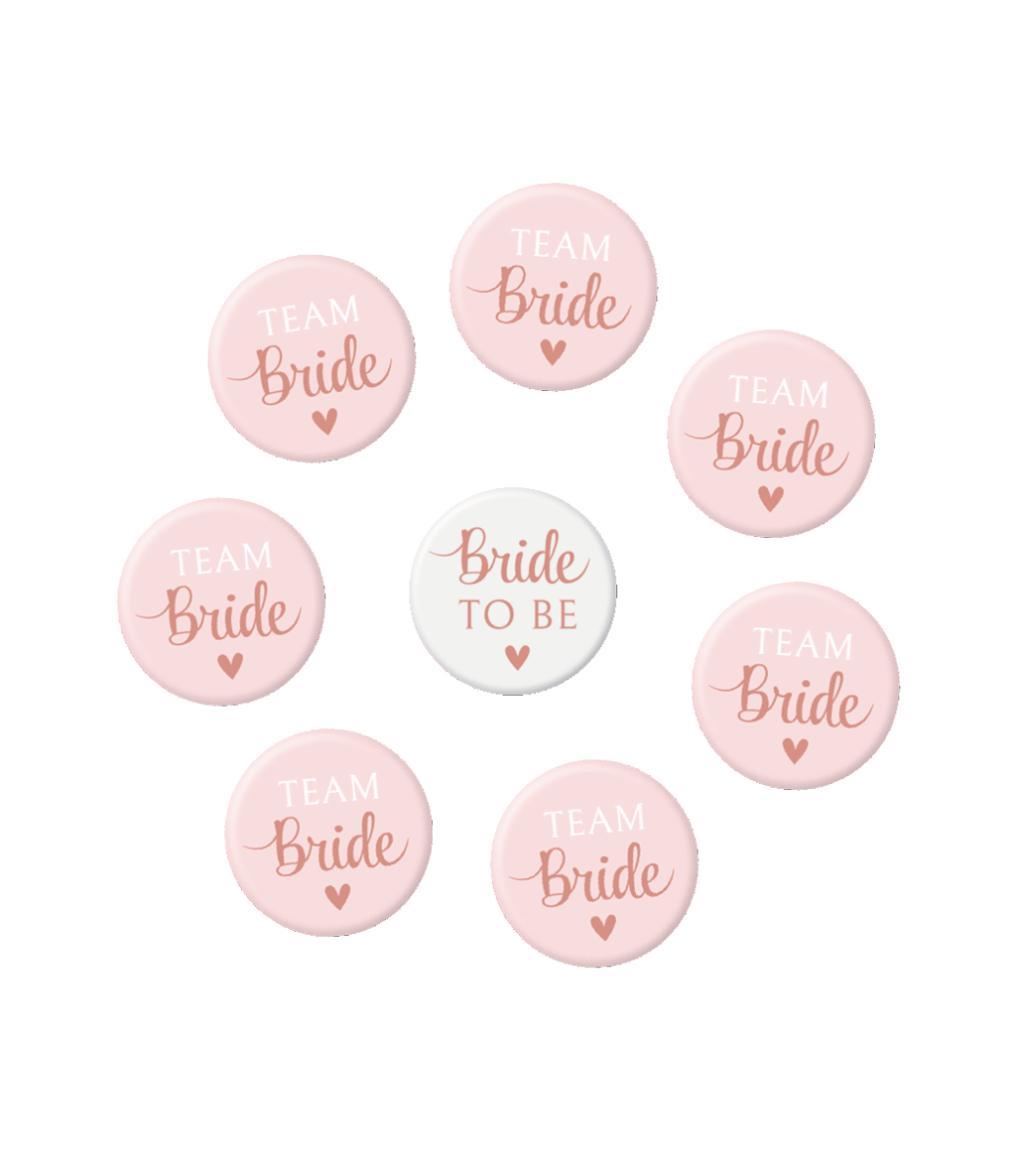 Deze Mini Badges &ndash; Bride to Be zijn feestelijke accessoires voor een vrijgezellenfeest of bridal shower. De set bestaat uit 8 buttons: 7 badges met de tekst &lsquo;Team Bride&rsquo; en 1 badge met &lsquo;Bride to Be&rsquo;. Zo kunnen zowel de aanstaande bruid als haar gezelschap eenvoudig herkenbaar deelnemen aan het feest. De compacte badges zijn licht van gewicht en eenvoudig op kleding te spelden. Dankzij het duidelijke ontwerp vormen ze een leuke aanvulling op het assortiment vrijgezellenfeestartikelen en combineren ze goed met sashes, diademen en andere Bride to Be accessoires uit dezelfde lijn.