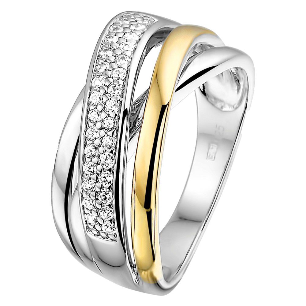 De Excellent Jewelry Ring zilver/goud zirkonia Maat 56, modelnummer RF625170-56, kenmerkt zich door zijn goud-zilver kleur en elegante zirkonia in wit. Deze ring, met een breedte van 9 mm, straalt luxe uit en is ideaal voor dagelijks gebruik. Perfect te combineren met zowel formele als casual kleding voor een verfijnde look. Gewicht: 73 g. 

