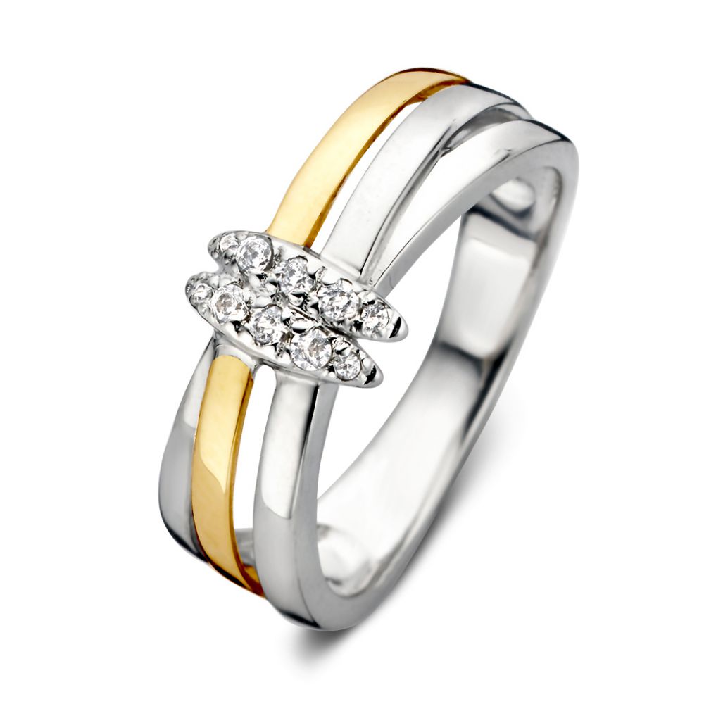 De Excellent Jewelry Ring  is een elegante combinatie van zilver en goud, voorzien van een schitterende witte zirkonia. Deze glanzende ring is perfect als statement piece. Draag hem solo voor een subtiele elegantie, of combineer met andere ringen voor een trendy look.