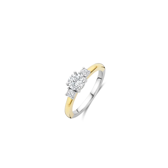 Deze goudkleurige ring met zirkonia steentjes is vervaardigd uit hoogwaardige kwaliteit 925 sterling zilver en heeft een verfijnd, tijdloos ontwerp. De ring is afgewerkt met drie centraal geplaatste zirkonia steentjes, die samen zorgen voor een uitgebalanceerde compositie en een elegante schittering. De slanke band houdt het ontwerp helder en verfijnd, waardoor de stenen volledig tot hun recht komen.

Draag deze ring met zirkonia steentjes solo voor een klassieke, ingetogen look of combineer hem met andere aanschuifringen voor een gelaagd effect. Een veelzijdig sieraad dat geschikt is voor zowel dagelijks gebruik als bijzondere momenten. 1796ZY Classics ring

De Classics Collectie vormt de basis van een tijdloze sieradencollectie. Een zorgvuldig samengestelde selectie waarin helderheid, proportie en vakmanschap centraal staan. Ontwerpen die niet trends volgen, maar hun kracht vinden in consistentie en verfijning. Stenen in verschillende vormen en groottes brengen nuance en diepte, terwijl pav&eacute;- en solitaire elementen zorgen voor een subtiele, ingetogen glans. De collectie biedt veelzijdigheid in styling, zowel solo gedragen als gecombineerd met meer uitgesproken designs.

&bull; Tijdloze essentials voor elke dag &bull; Rijke variatie in pav&eacute;, solitaire en steendetails &bull; 925 sterling zilver, vaak verrijkt met goudplating &bull; Subtiele pav&eacute; details en stenen &bull; Gemaakt om te combineren en te layeren