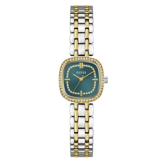 De Guess BEJEWELED Horloge met modelnummer GW1018L6 is een elegante polshorloge gemaakt van roestvrij staal. Het heeft een 25 mm kast en een stijlvol goud-zilverkleurige armband. Zonder datumaanduiding is het een eenvoudig maar verfijnd accessoire. Draag het tijdens formele gelegenheden of feestjes voor een vleugje glamour en klasse.