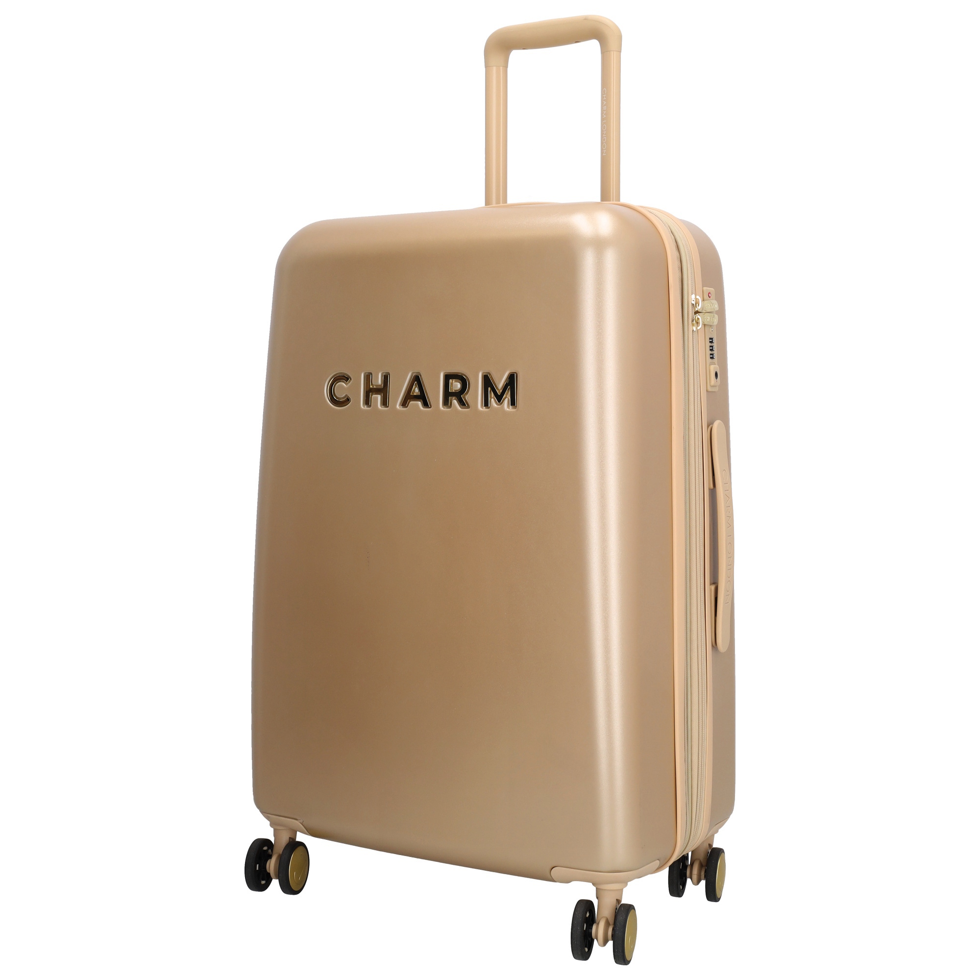 De Charm London Capetown koffer is een elegante en praktische reisgenoot voor vakanties en zakenreizen. De luxe gouden hardware in combinatie met de stevige hardschalige buitenkant zorgt voor een stijlvolle &eacute;n duurzame uitstraling.

De koffer is voorzien van twee overzichtelijke compartimenten. E&eacute;n zijde is afsluitbaar met een rits en bevat een extra ritsvak voor kleinere spullen. De andere zijde is uitgerust met elastische pakbanden om alles netjes op zijn plek te houden. Deze koffer is expandable en biedt tot 4 cm extra opbergruimte wanneer je net wat meer wilt meenemen. Dankzij de vier zwenkwielen, het TSA-slot, twee handvatten en de verstelbare trekstang beweeg je je soepel en veilig door iedere luchthaven.

Kenmerken:

Middenmaat koffer
Luxe gouden hardware
Hardschalige buitenkant
Twee compartimenten
E&eacute;n compartiment met ritssluiting en extra ritsvak
E&eacute;n compartiment met elastische pakbanden
Expandable (4 cm extra ruimte)
Voorzien van TSA-slot
Vier zwenkwielen voor soepel rijcomfort
Twee handvatten (boven- en zijkant)
Verstelbare trekstang