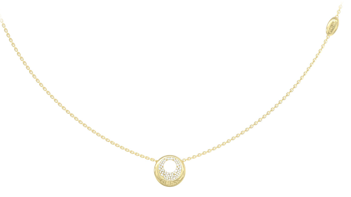 Guess goudkleurige stalen collier met ronde hanger waarin zirkonia's stenen zijn verwerkt.