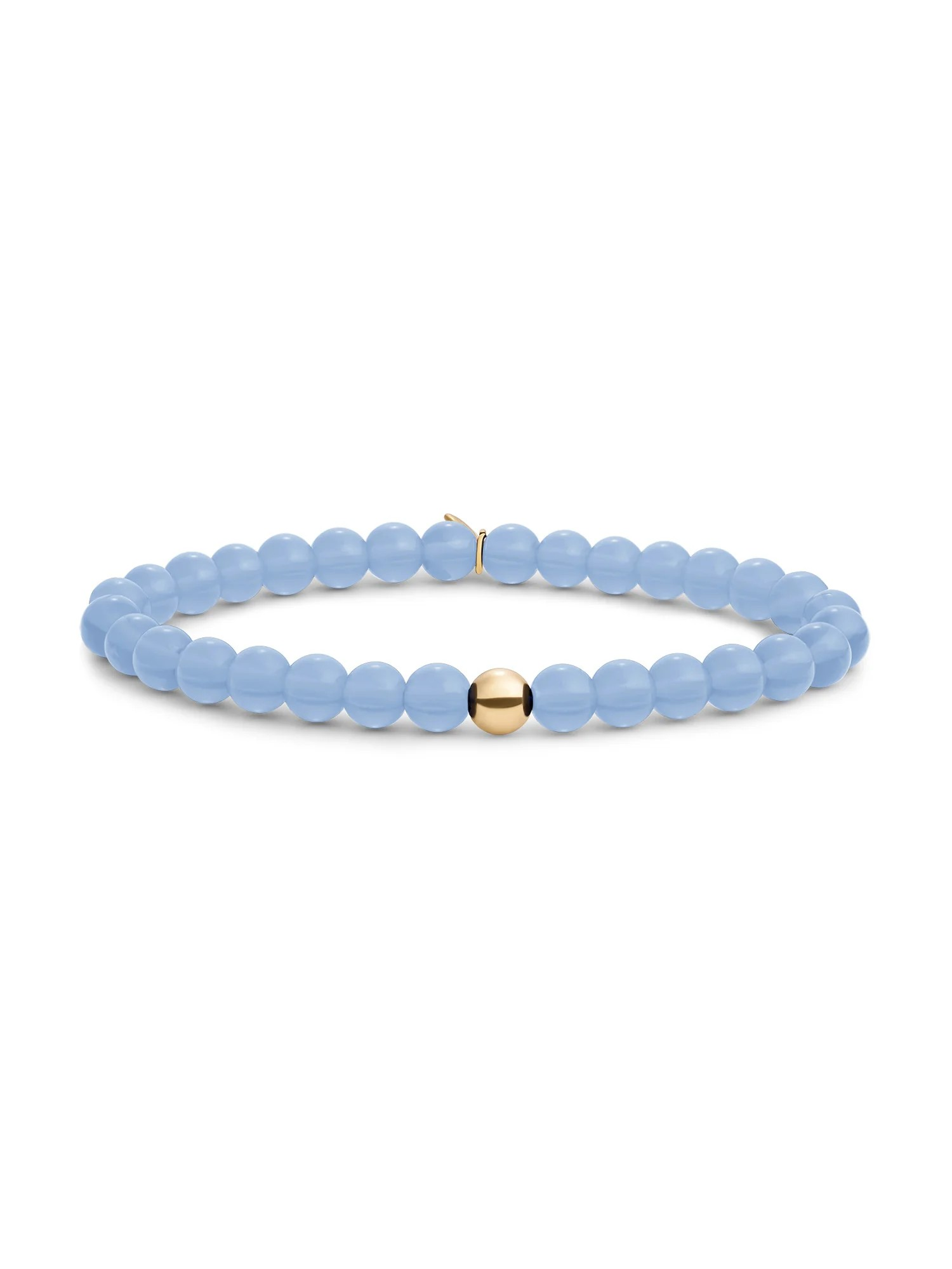 STRETCH ARMBAND MET MILKY BLUE KRALEN EN EEN GOUD OP ZILVER KRAAL