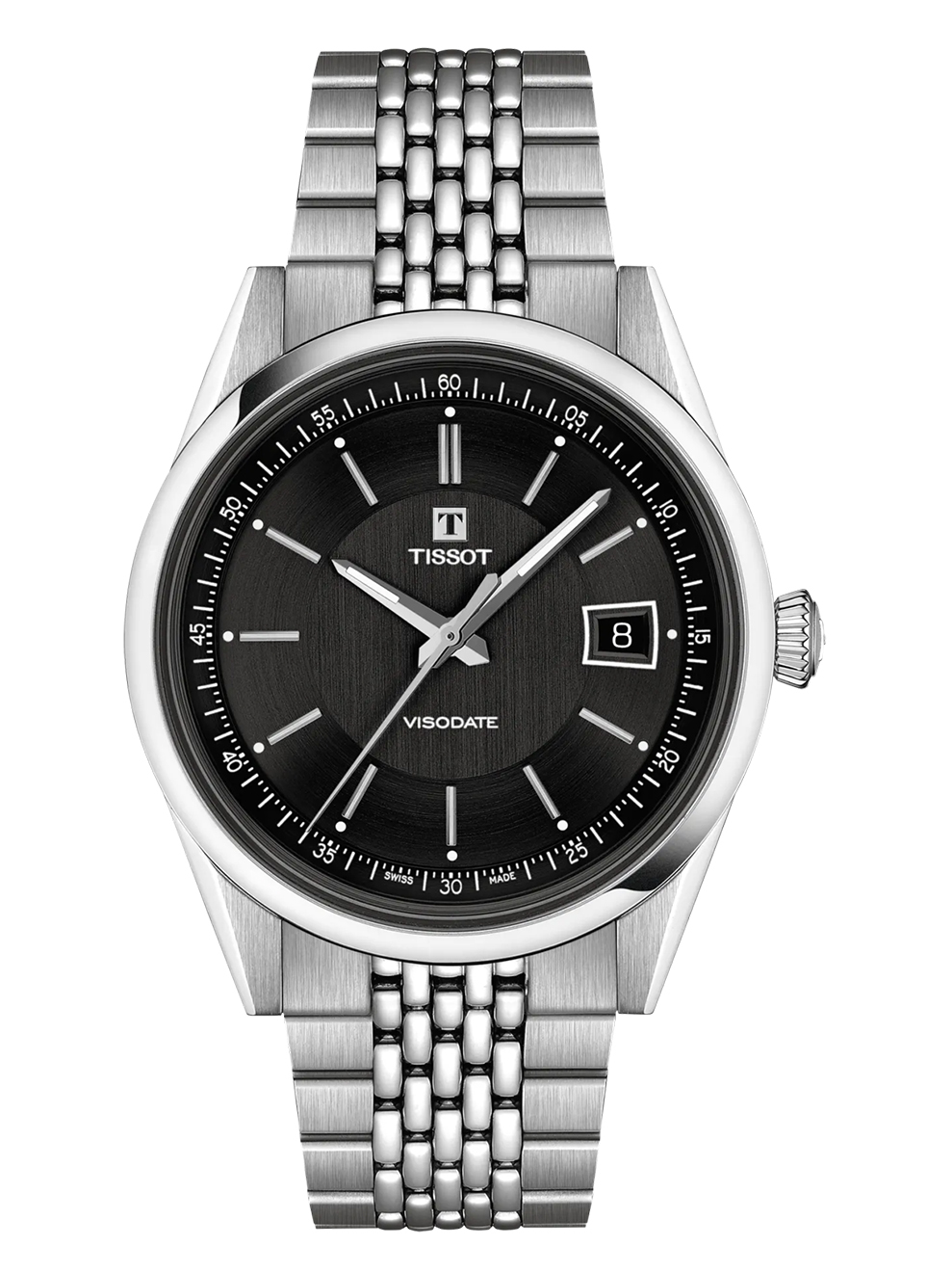 De Tissot Visodate - T1574071105100 is een elegant horloge met een roestvrijstalen kast en armband, een zwart gestreept wijzerplaatpatroon, en automatische Zwitserse beweging. Het heeft een datumaanduiding, saffiercoated glas, en is waterbestendig tot 5 bar. Draag dit stijlvolle horloge bij formele gelegenheden of als een dagelijks luxe accessoire.