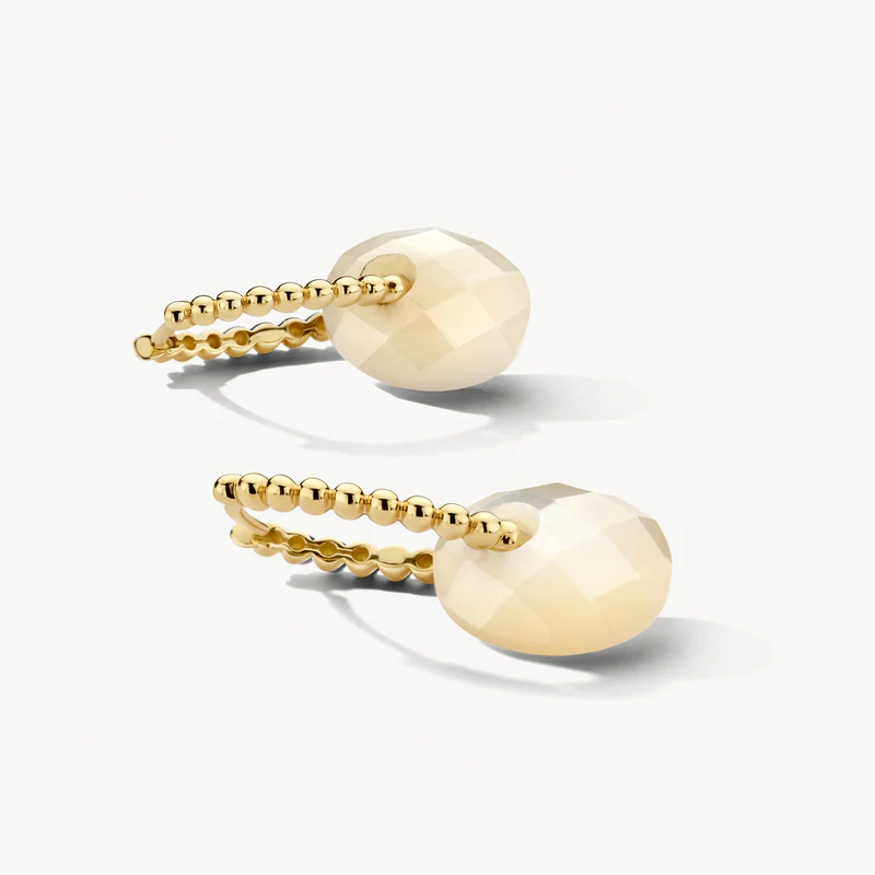Hou je van speels en stylish? Dan zijn deze natuurstenen oorbedels iets voor jou. De ovaalvormige bedels zijn gemaakt van parelmoer met facetslijpsel. Ze zijn 12 mm hoog en passen om oorringen met maximaal 3 mm doorsnede. Prachtig samen met gouden oorbedels van Blush.