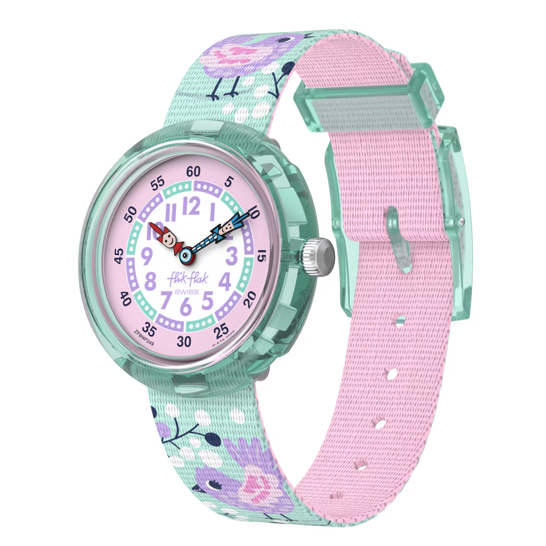 TWEET TWEET is het kinderhorloge dat tijd leuk maakt! Paarse vogeltjes op een turquoise band geven het horloge extra stijl, terwijl het educatieve ontwerp kinderen helpt om te leren klokkijken. Een vrolijk, slim cadeau voor kinderen dat elk uur vrolijk laat tjilpen.