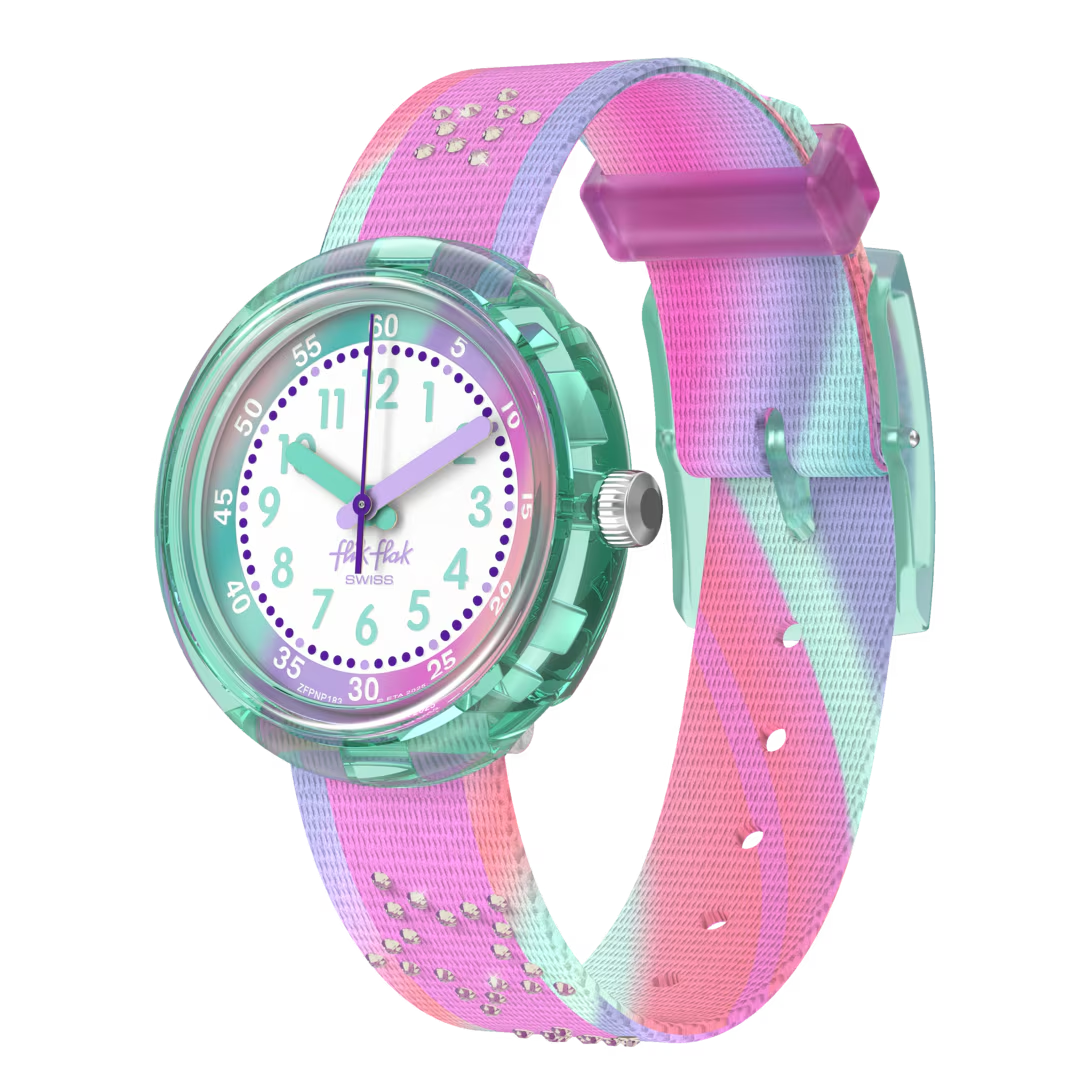 FLIP IT PINK! is een levendig kinderhorloge met stervormige kristallen details en een kleurrijke, omkeerbaar horlogeband. Dit educatieve design helpt kinderen klokkijken en vormt zo een energiek en vrolijk cadeau.