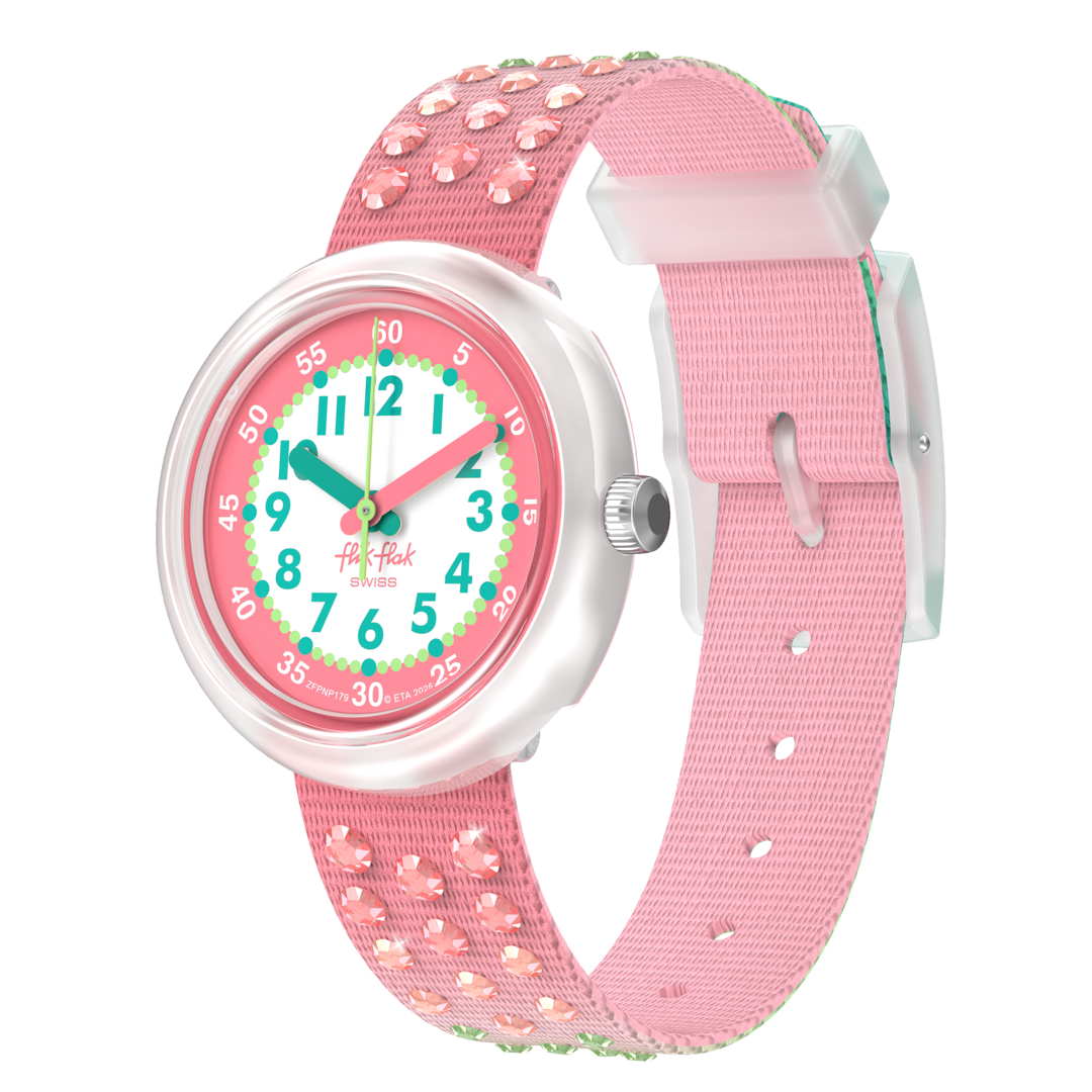 SPARKLY MELON brengt fruitige vibes naar wie de tijd wil bijhouden! Het roze en groen en de kristallen glitters maken dit kinderhorloge opvallend, leuk en leerzaam. Een perfect speels cadeau met een fris design dat kinderen ook nog eens helpt om te leren klokkijken.