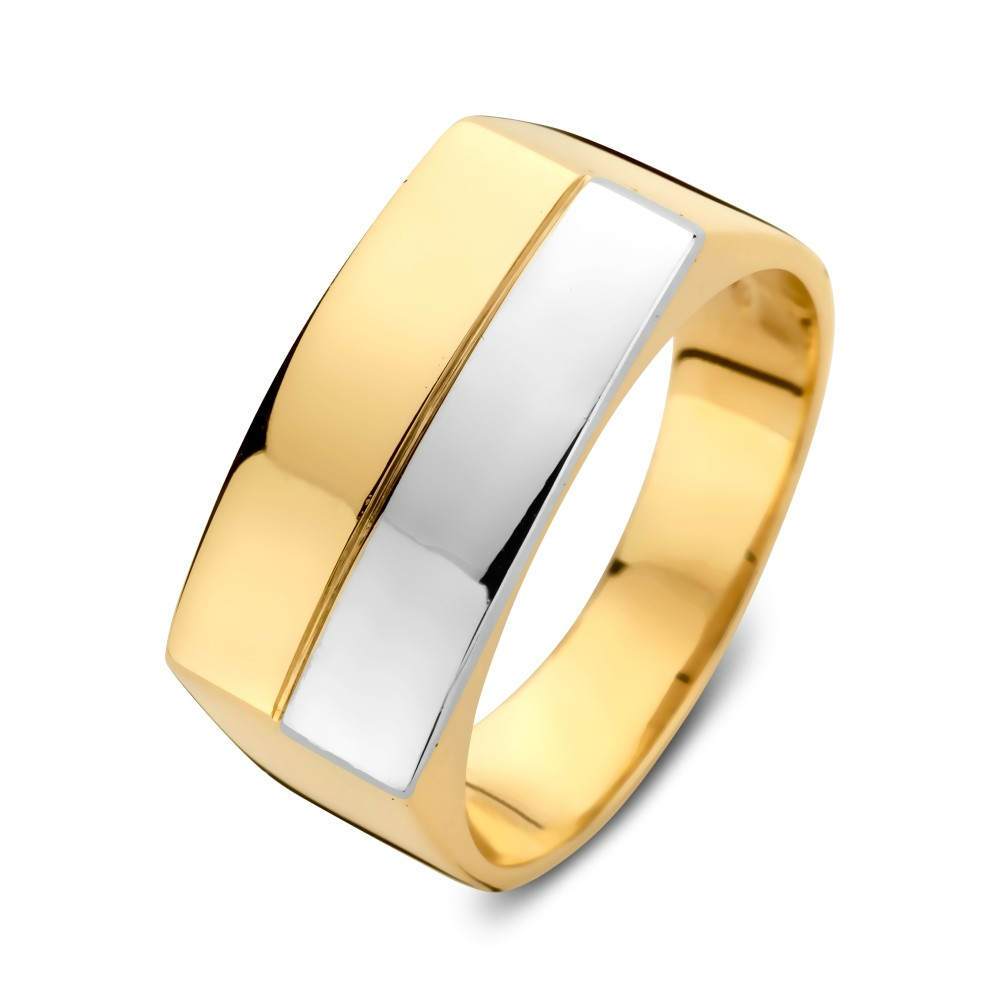 14k bicolor gouden heren ring, langwerpig model, bovenkant half geel/half wit goud.